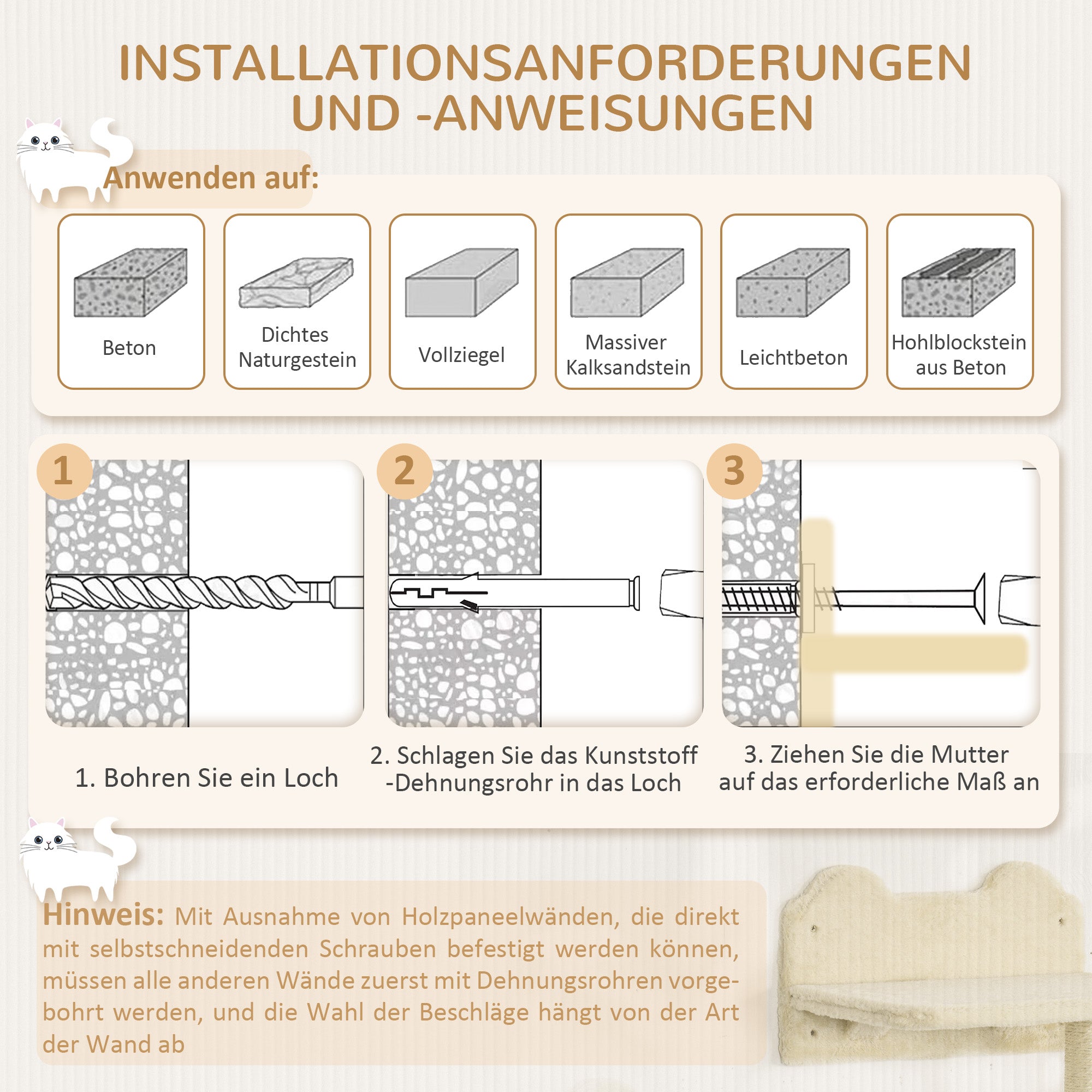 PawHut Kletterwand-Set für Katzen, 4-teilig, mit Katzentreppe, Hängematte, Plattform und Kratzbaum, Beige