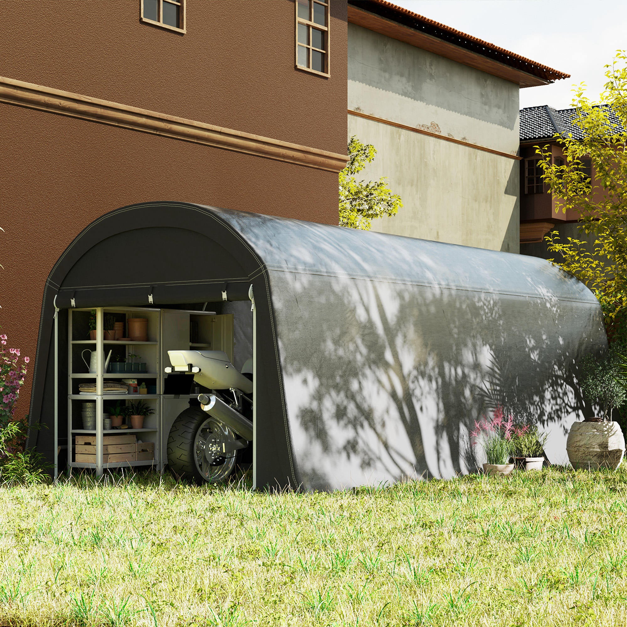 Outsunny Gartenschuppen mit Kunststoff-Plane, Werkzeugzelt, aufstellbare Garage, 300B x 600T x 230H cm, Dunkelgrau
