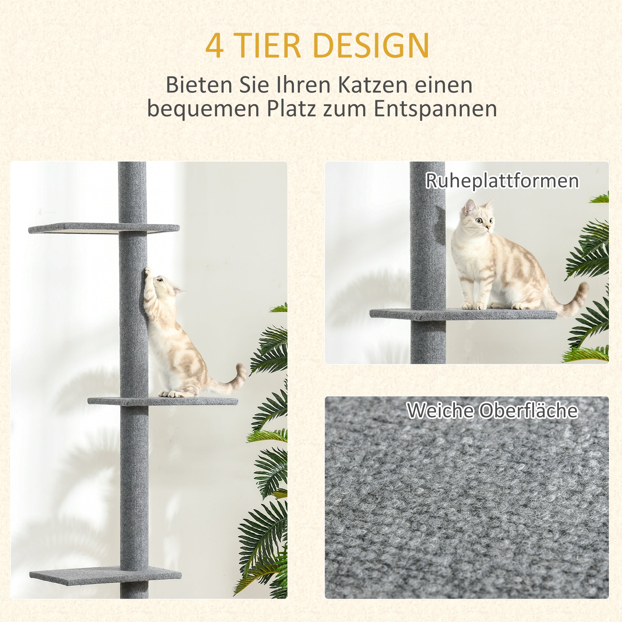 PawHut Kratzbaum Deckenhoch, 228-260 cm Höhenverstellbarer Katzenbaum Kletterbaum für Katzen mit 3 Ebenen, Katzenkratzbaum, Spielbaum vom Boden bis zur Decke Grau