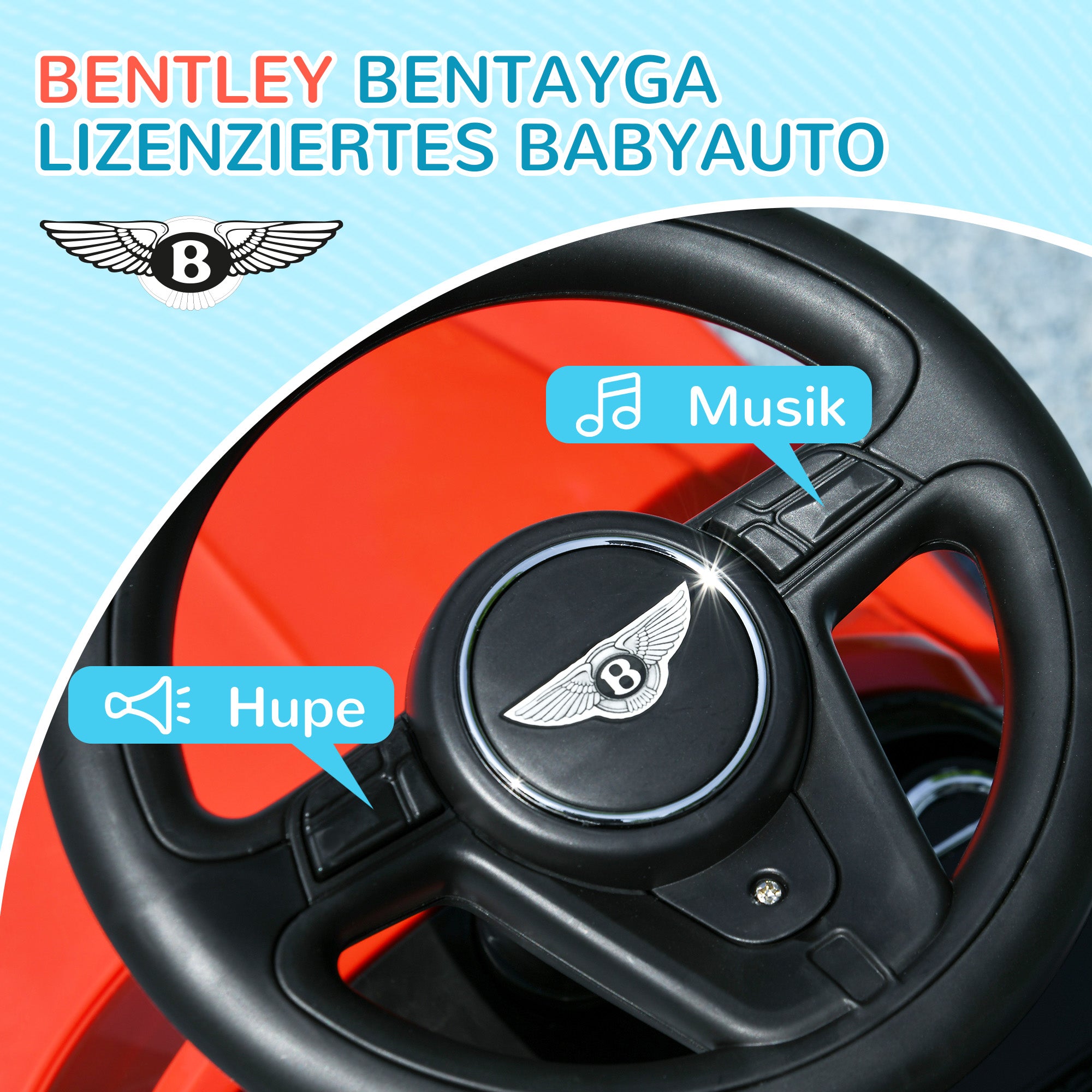 AIYAPLAY 3-in-1 Rutschauto, abnehmbare Schiebestange, Hupe, Musik, Stauraum, für 1-3 Jahre, Rot