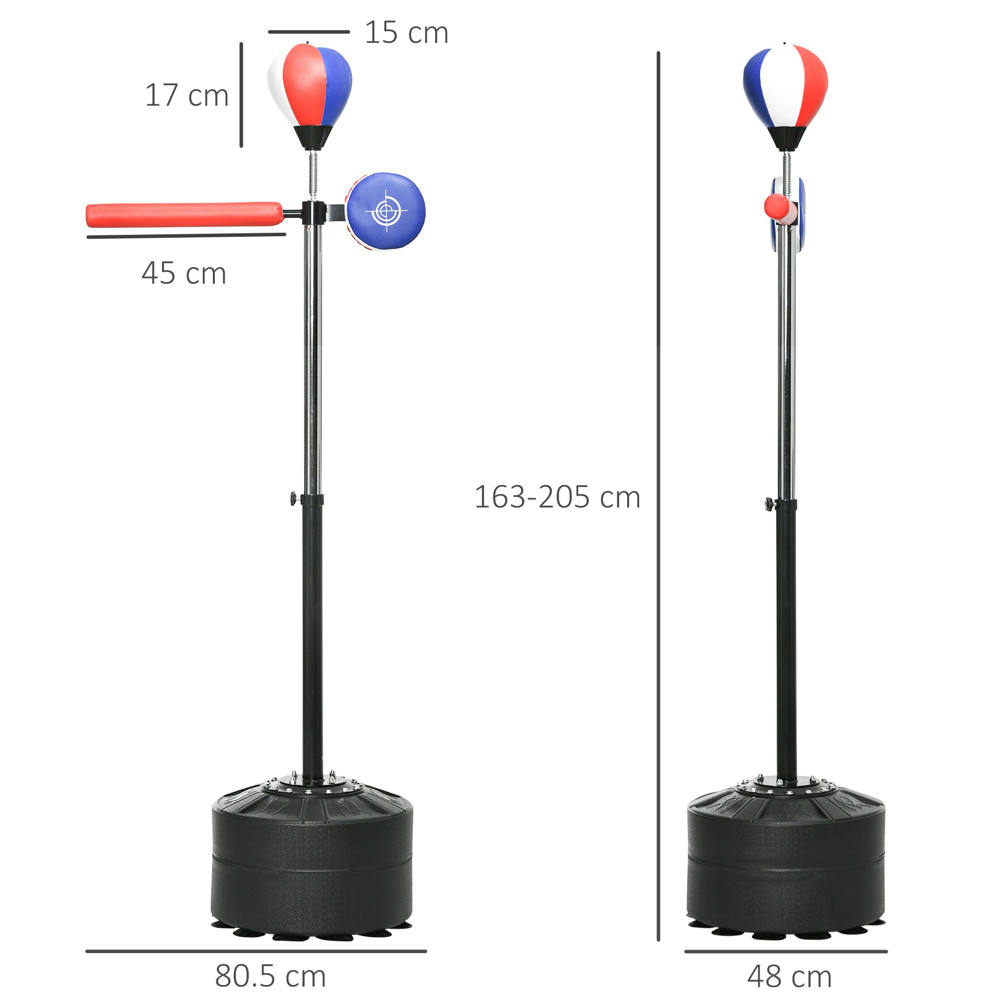 SPORTNOW Boxständer, höhenverstellbar, Reflexstange, Pratze, Speedball, befüllbarer Standfuß, 80,5 x 48 x 163-205 cm