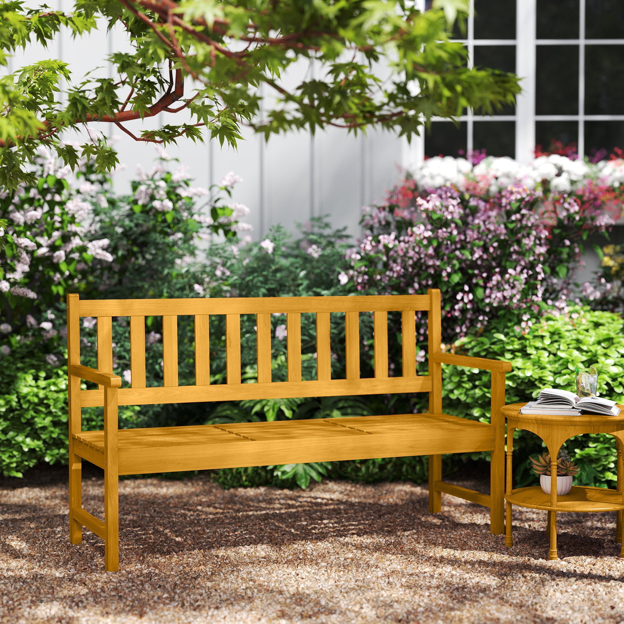 Outsunny 2-Sitzer Gartenbank Holz, wetterfest Sitzbank mit Rücken- & Armlehnen 320kg belast 149x56,5x89cm, Teak