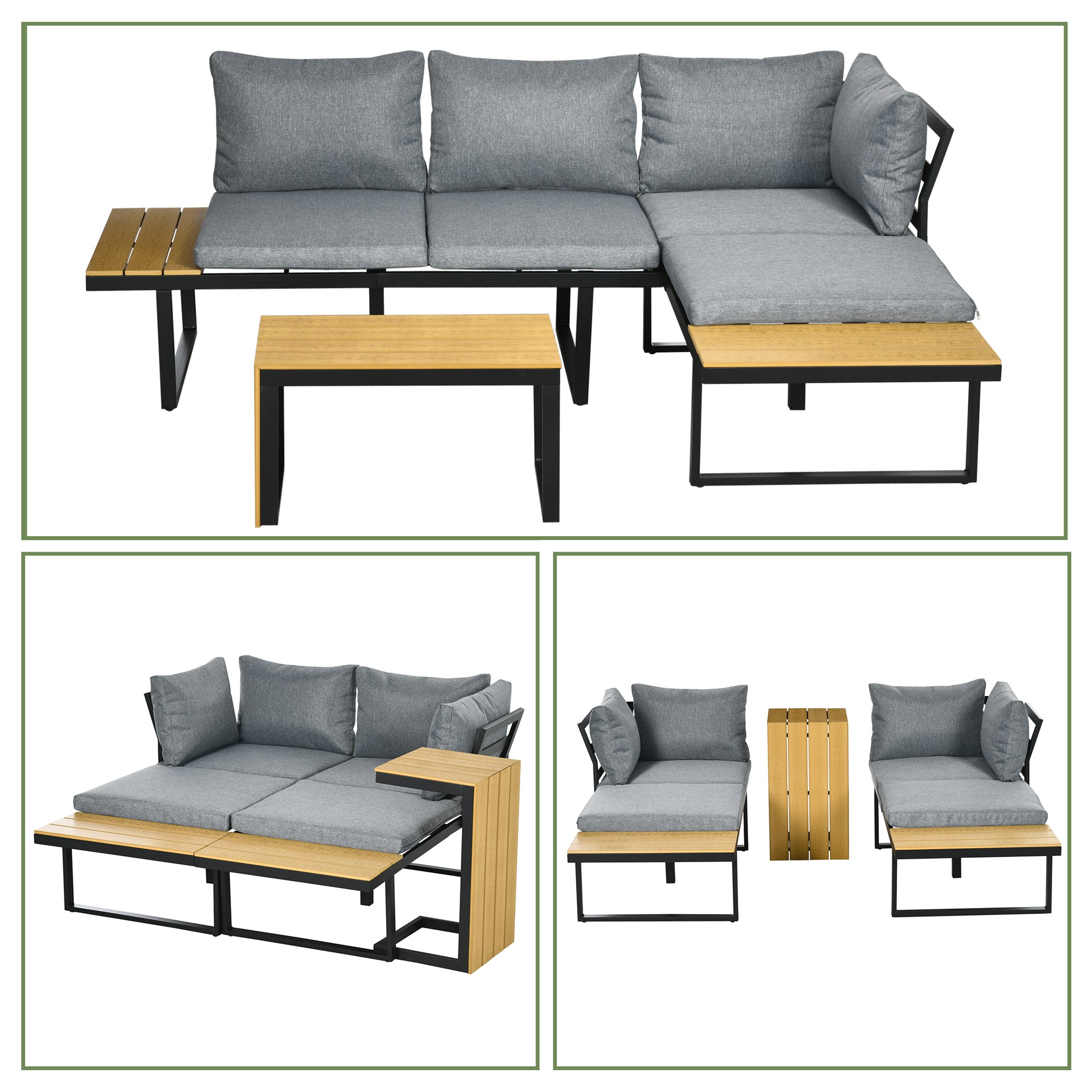 Outsunny Gartenmöbel-Set für 3 Personen Balkonmöbel mit Sitzkissen, Aluminiumrahmen, Holzoptik, Dunkelgrau+Natur