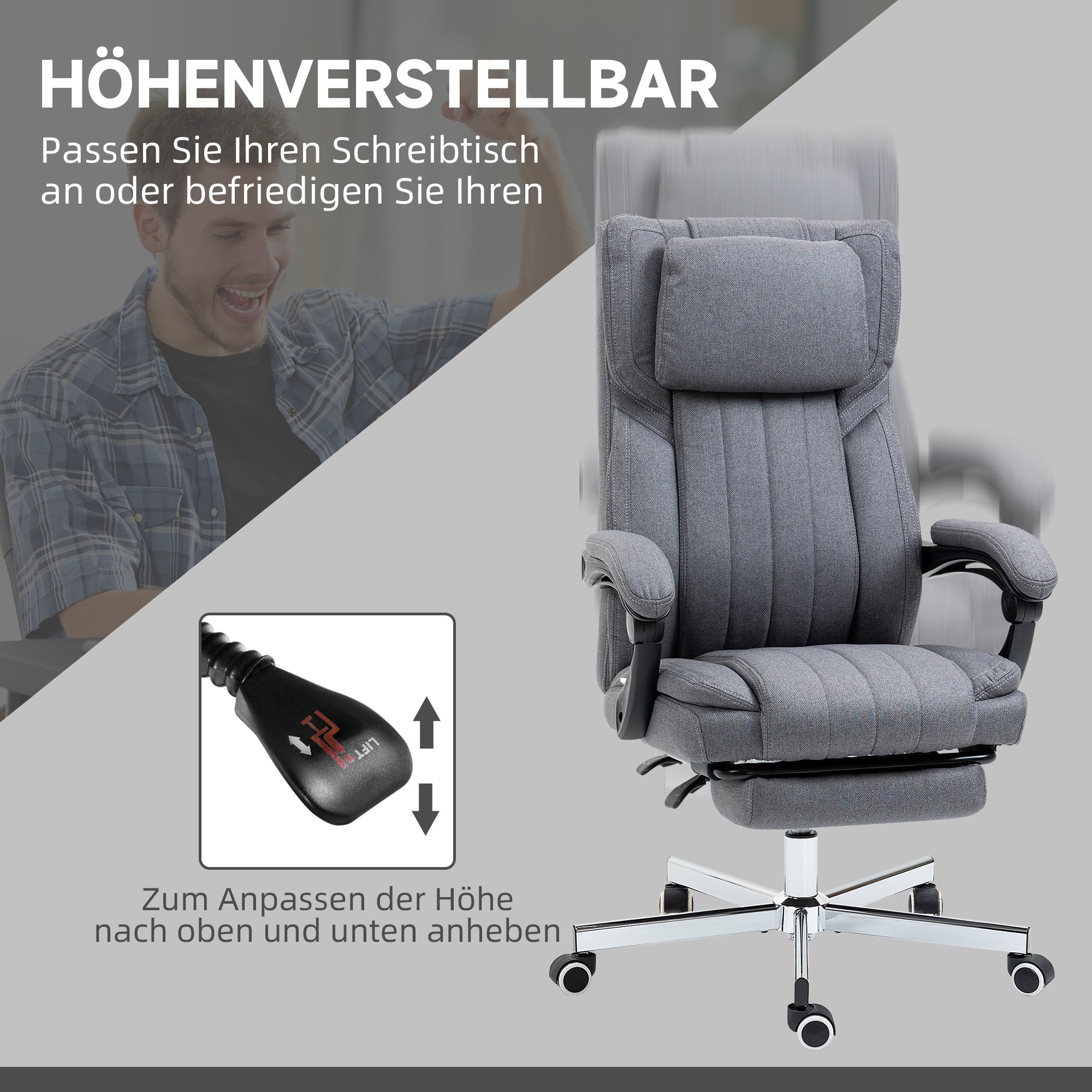 Vinsetto Bürostuhl mit Massagefunktion, neigbare Rücklehne, ausziehbare Fußstütze, Leinenoptik, grau, 65 x 61 x 113 cm
