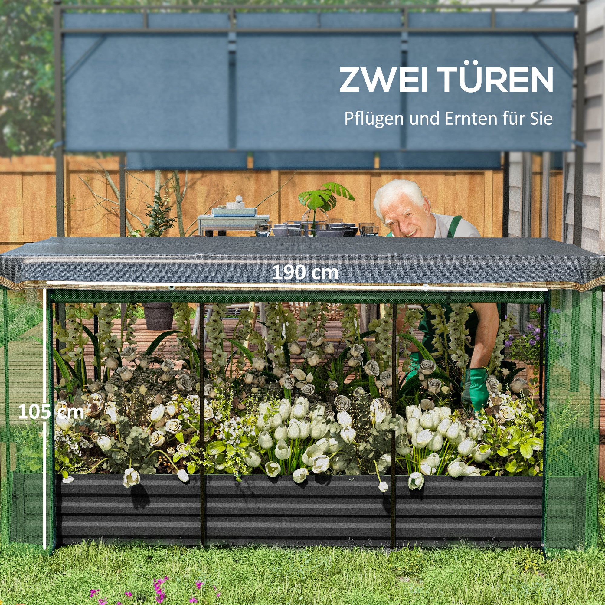 Outsunny Hochbeet mit Vogelschutznetz und Sonnenschutz, Metall-Gehäuse, 230x110x110 cm, Grau/Grün/Schwarz