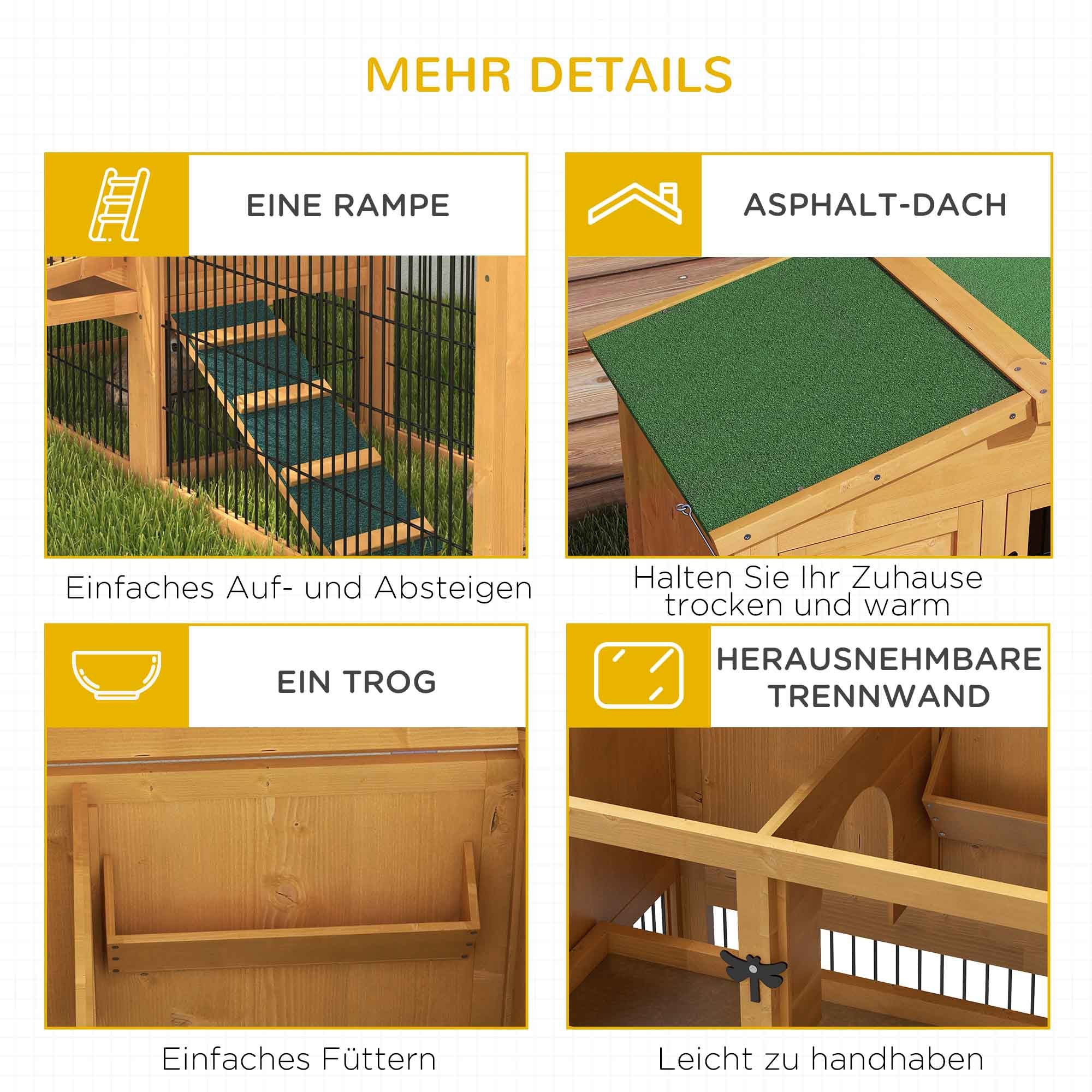 PawHut Hasenstall 2 Ebenen Kaninchenstall Tannenholz Winterfest Doppelstockhaus mit Freilaufgehege Rampe 150x52x68 cm Gelb