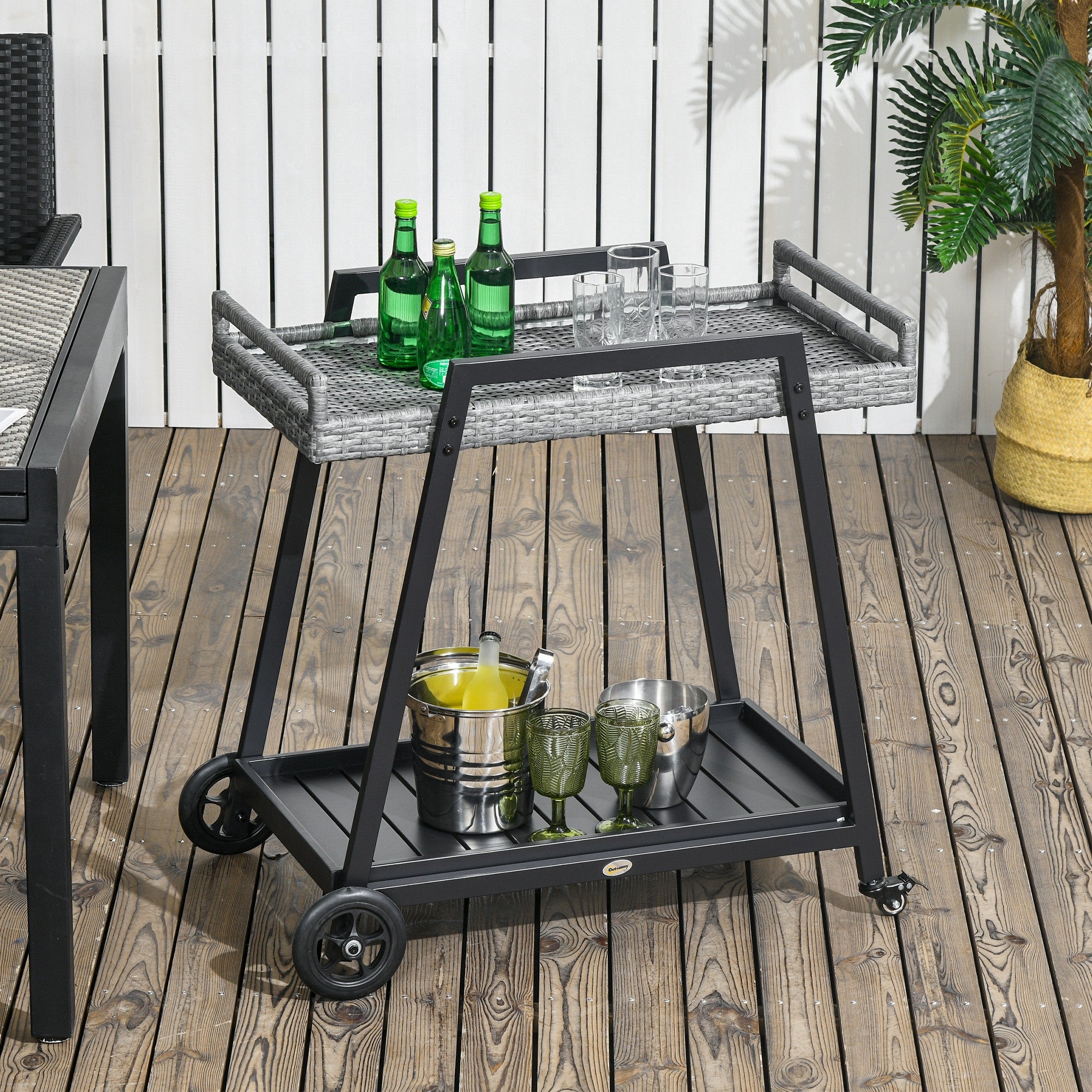 Outsunny Servierwagen Rattan mit Rollen 2 Etagen Griffe