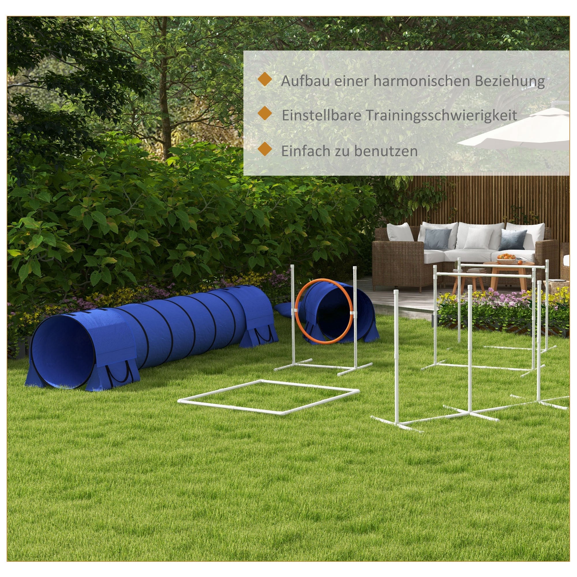 PawHut Hunde-Agiliy-Set Hundeparcours, 1 Reifen,  2 Tunnel 2 Hürden, 321 cm x 63c m x 93 cm, Blau + Rot+ Weiß