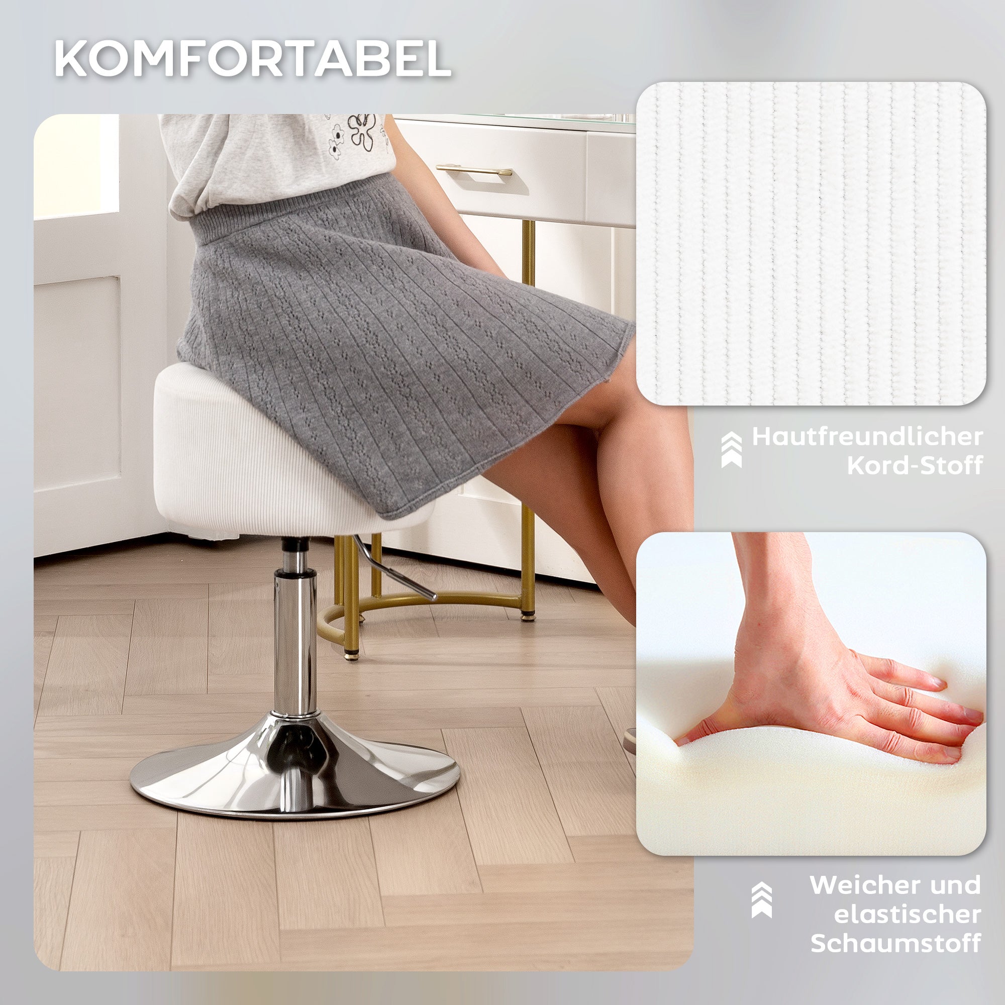 HOMCOM Barhocker, Gepolstert Barstuhl mit Metallgestell, Cordoptik, Höhenverstellbar 360° Drehbar Weiß