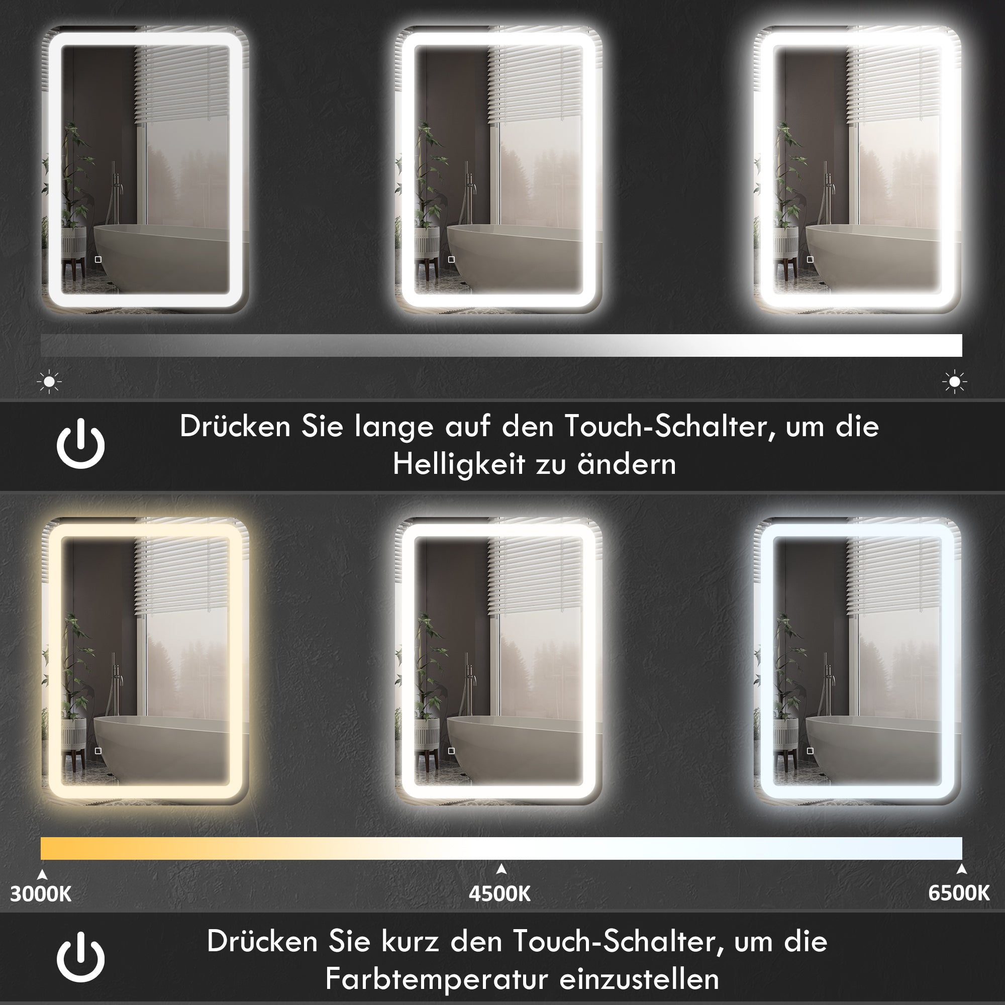 HOMCOM Badezimmerspiegel, beleuchtet, Touch-Steuerung, beschlagfrei, dimmbar, 3 Lichtfarben, 60 x 80, Silber