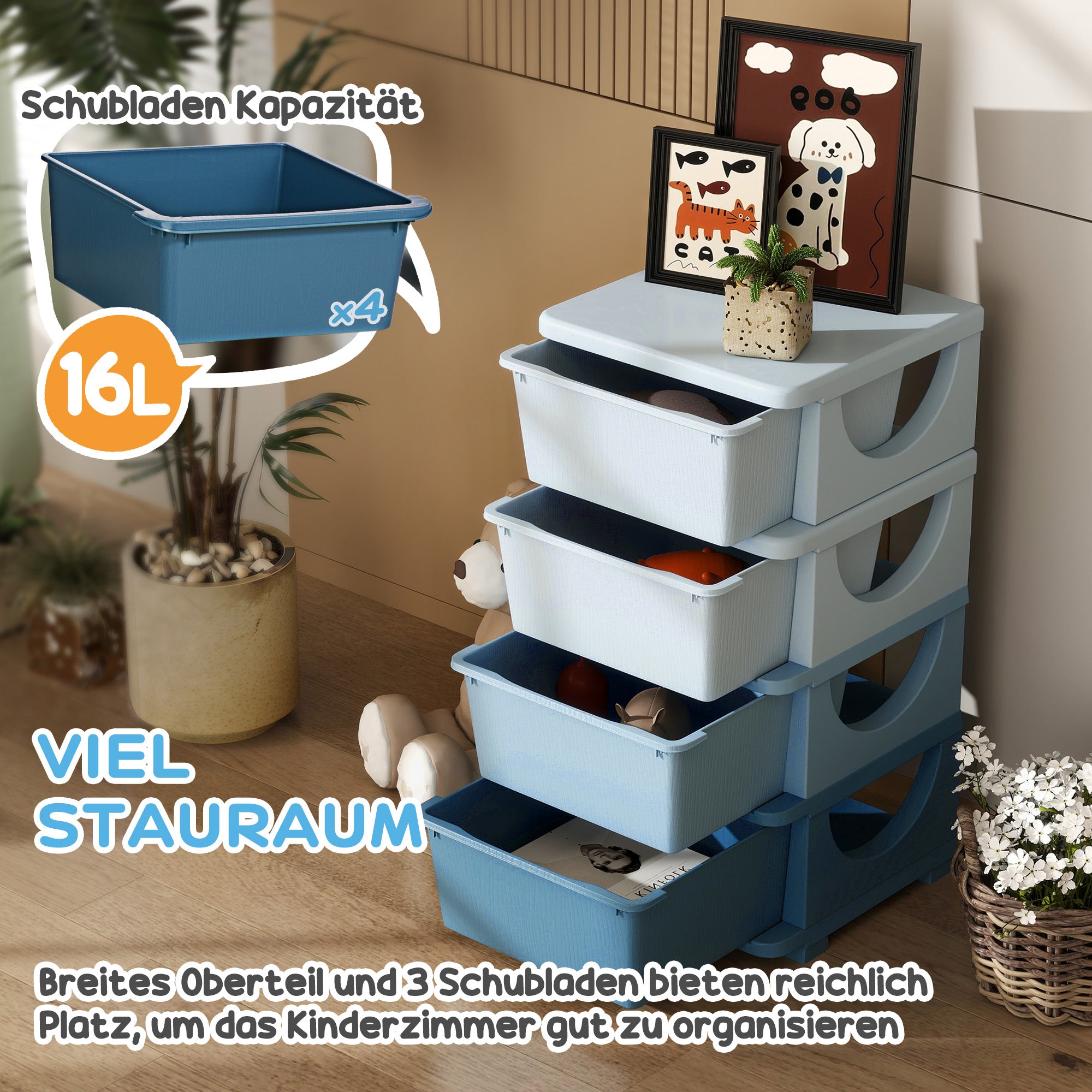 HOMCOM Aufbewahrungsboxen für Kinder, 4 Schubladen, abgerundete Kanten, erhöhtes Design, Kunststoff, Blau
