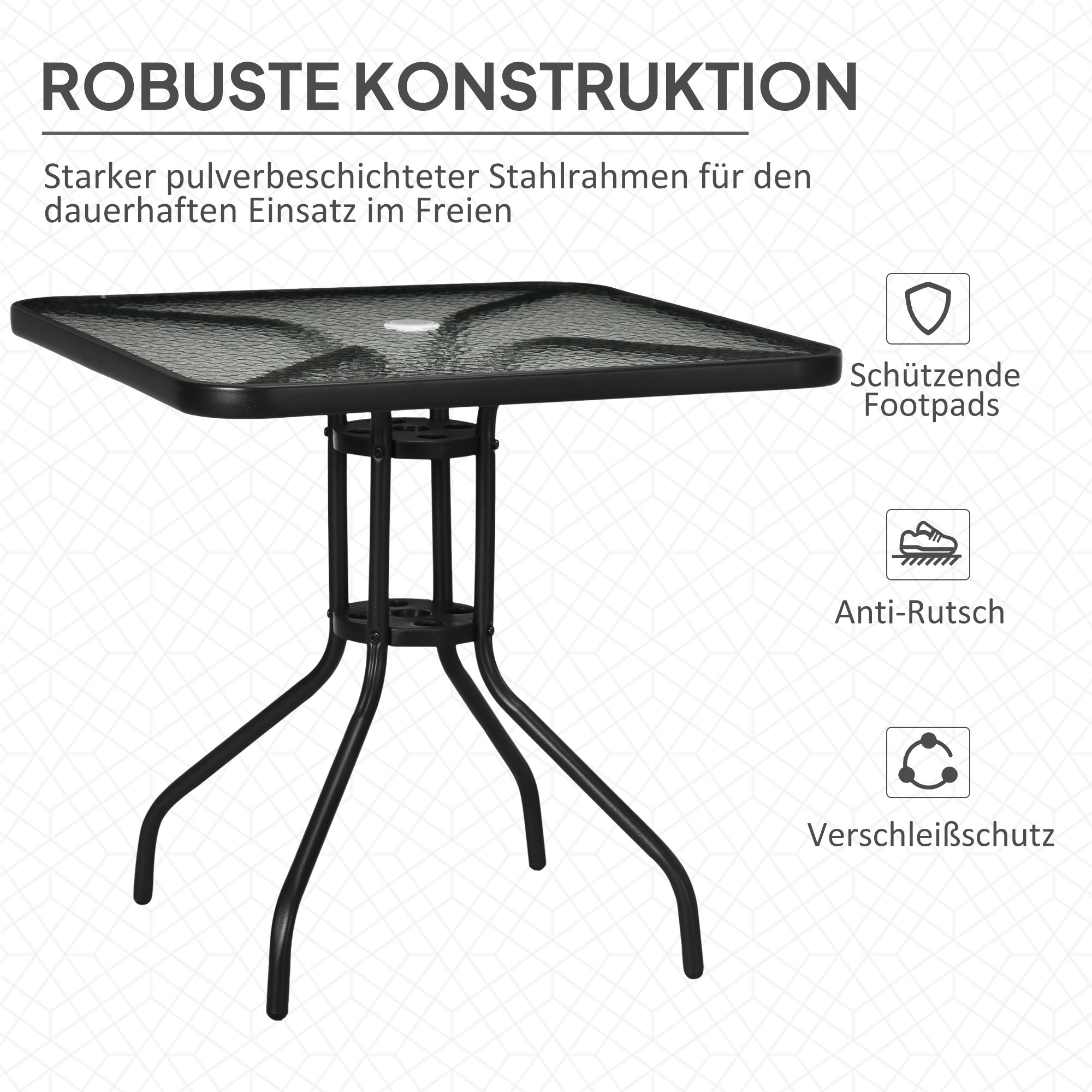 Outsunny Gartentisch Abnehmbar Metall 76x76 cm Wetterfest Balkontisch mit Schirmloch, rutschfest Schwarz