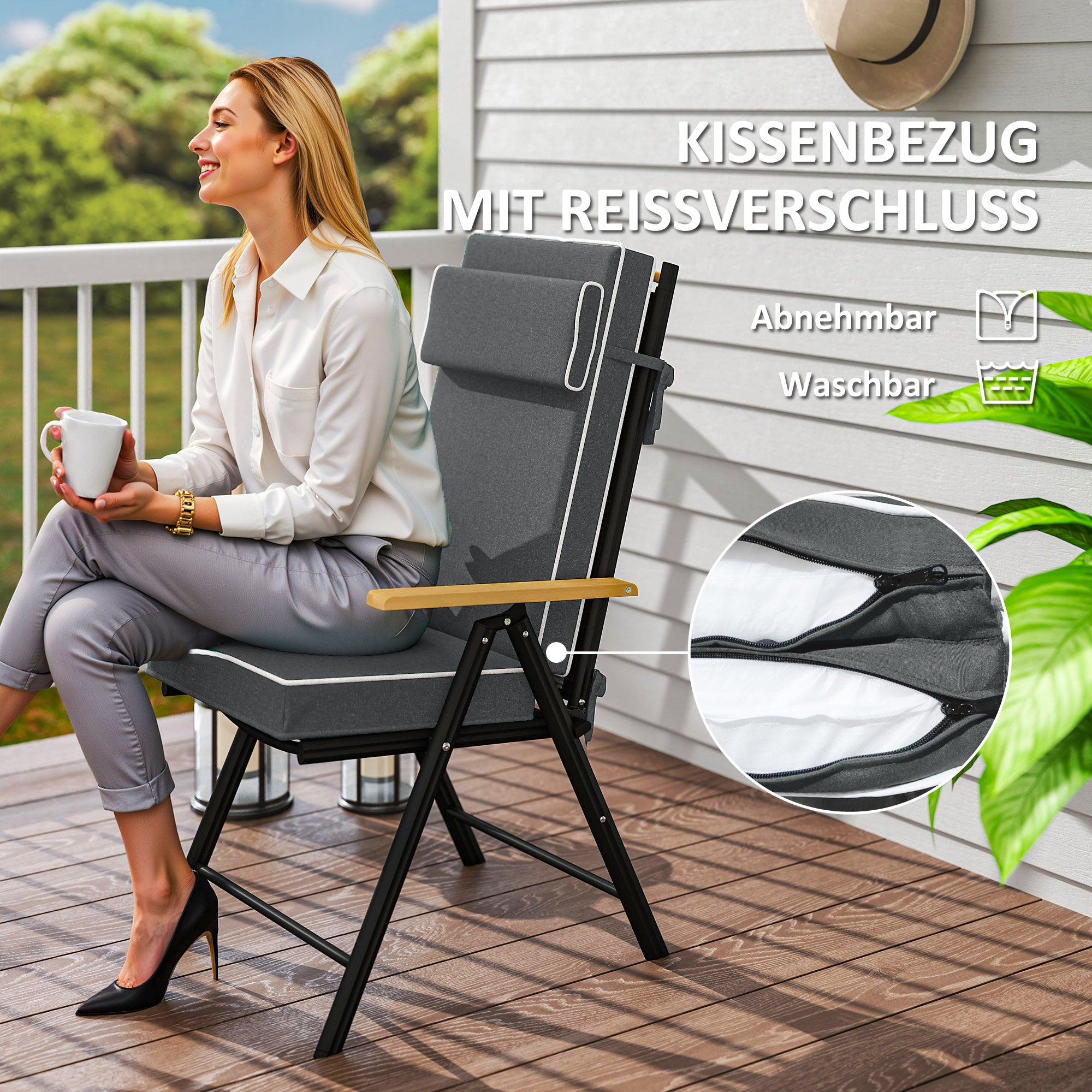 Outsunny Sitzkissen 120 x 47 x 9,5 cm wasserabweisend Stuhlkissen mit Bändern, Kopfstütze, UPF50+ Dunkelgrau