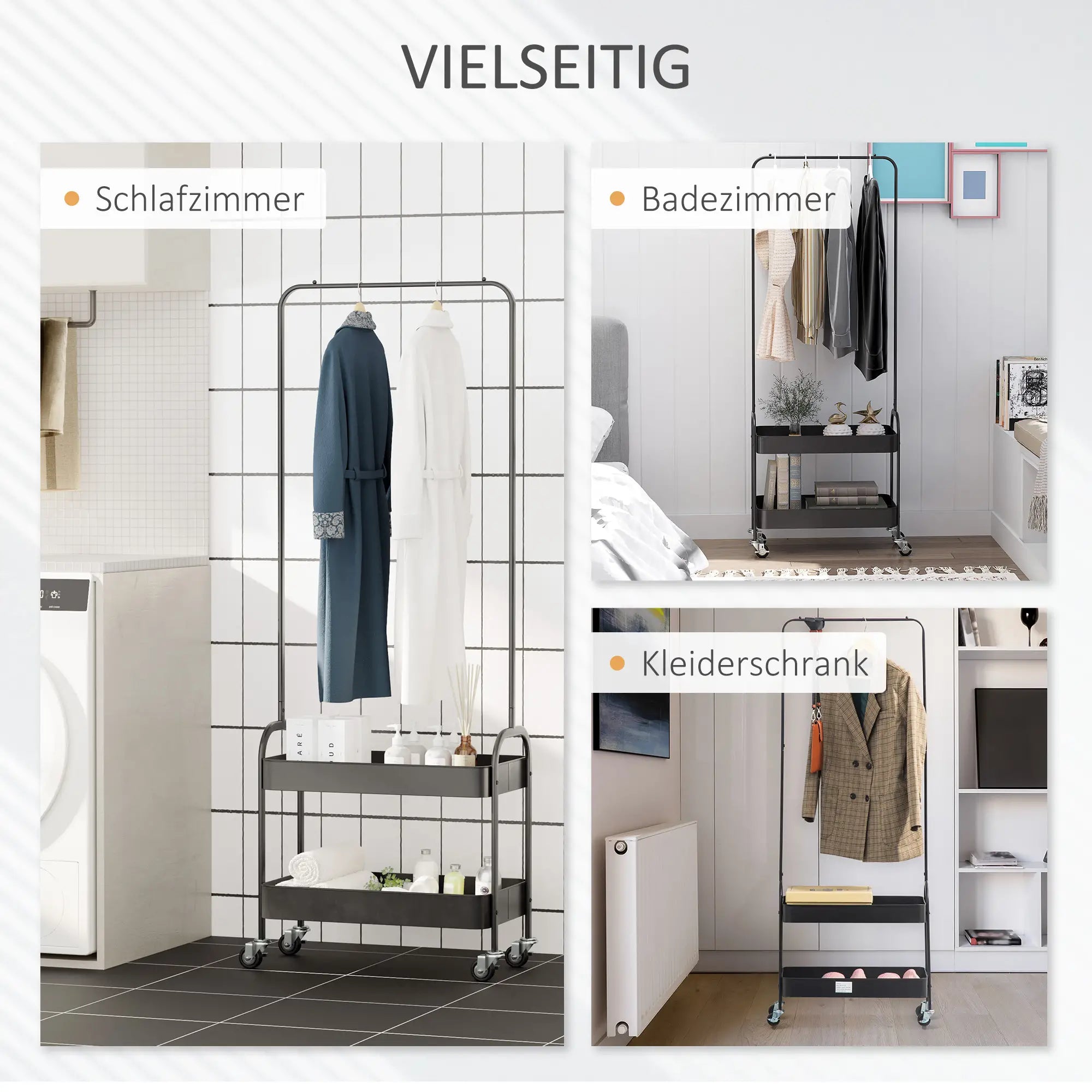 HOMCOM Kleiderständer aus Metall mit Schuhablage, fahrbar, freistehend, Schwarz