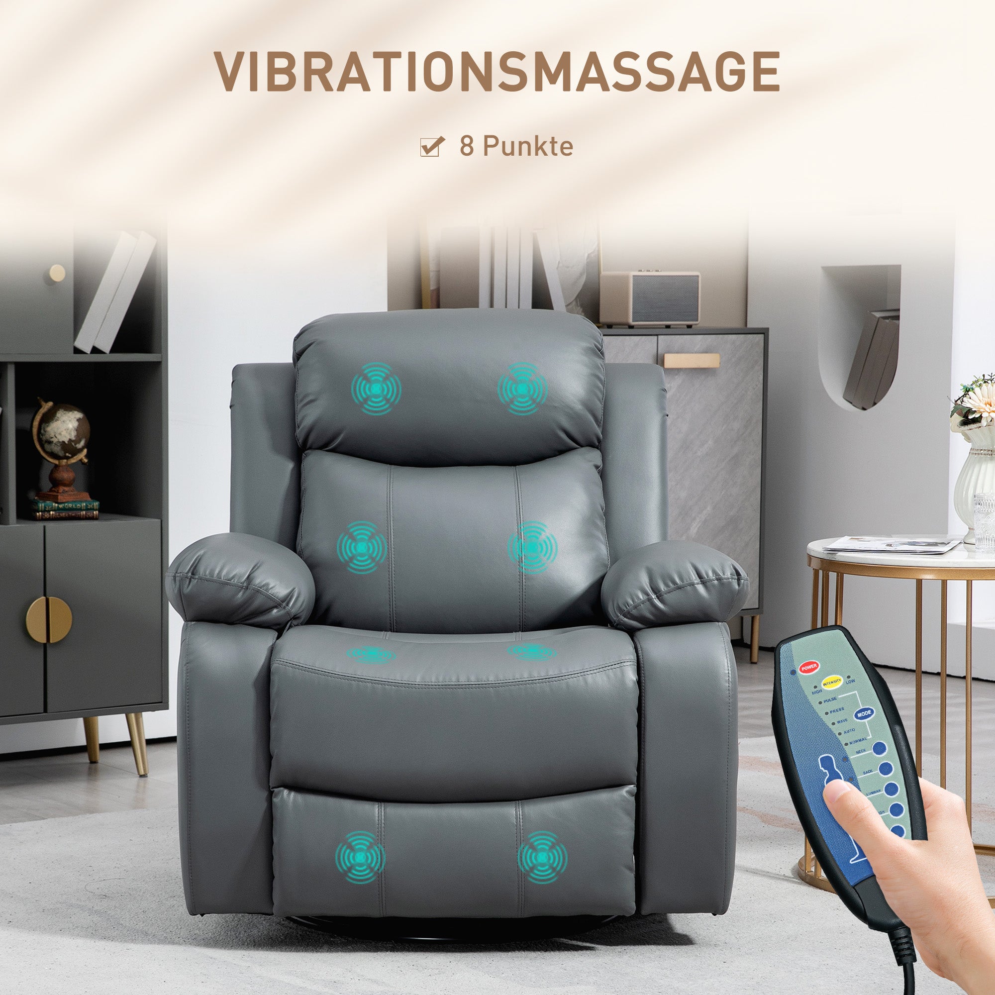 HOMCOM Massagesessel, Wipp- & Liegefunktion, drehbar, bis 150 kg, Kunstleder, Grau