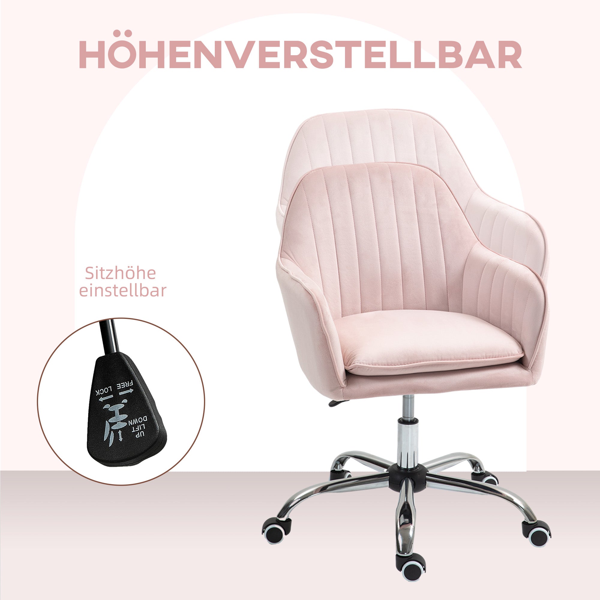 HOMCOM Schreibtischstuhl Höhenverstellbarer Bürostuhl Drehbar Homeoffice Stuhl mit Rücken- und Armlehne Rosa