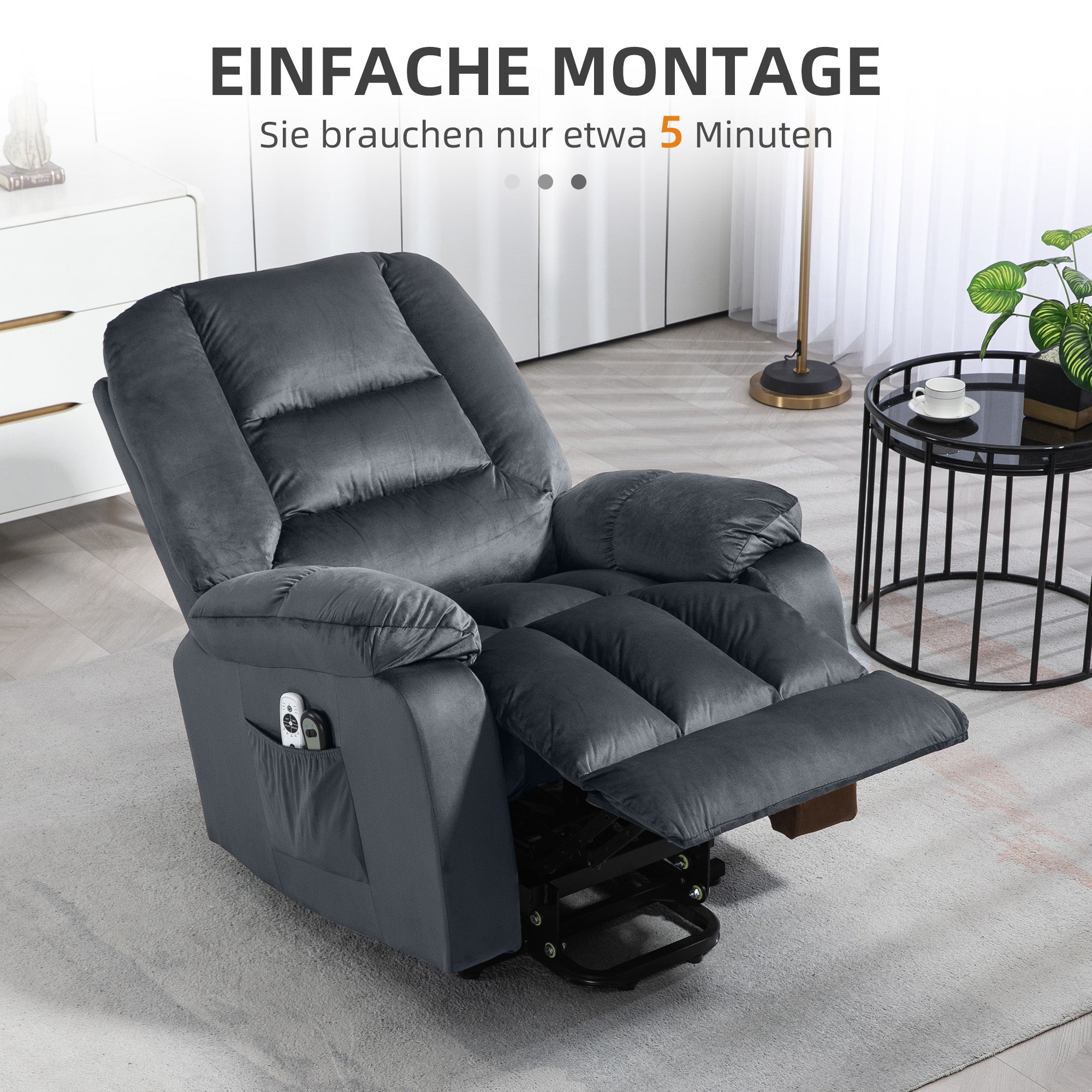 HOMCOM Massagesessel Aufstehhilfe Seniorensessel Relaxsessel, 8 Massagepunkte, 2 Seitentaschen, 85 cm x 94 cm x 107cm, Grau