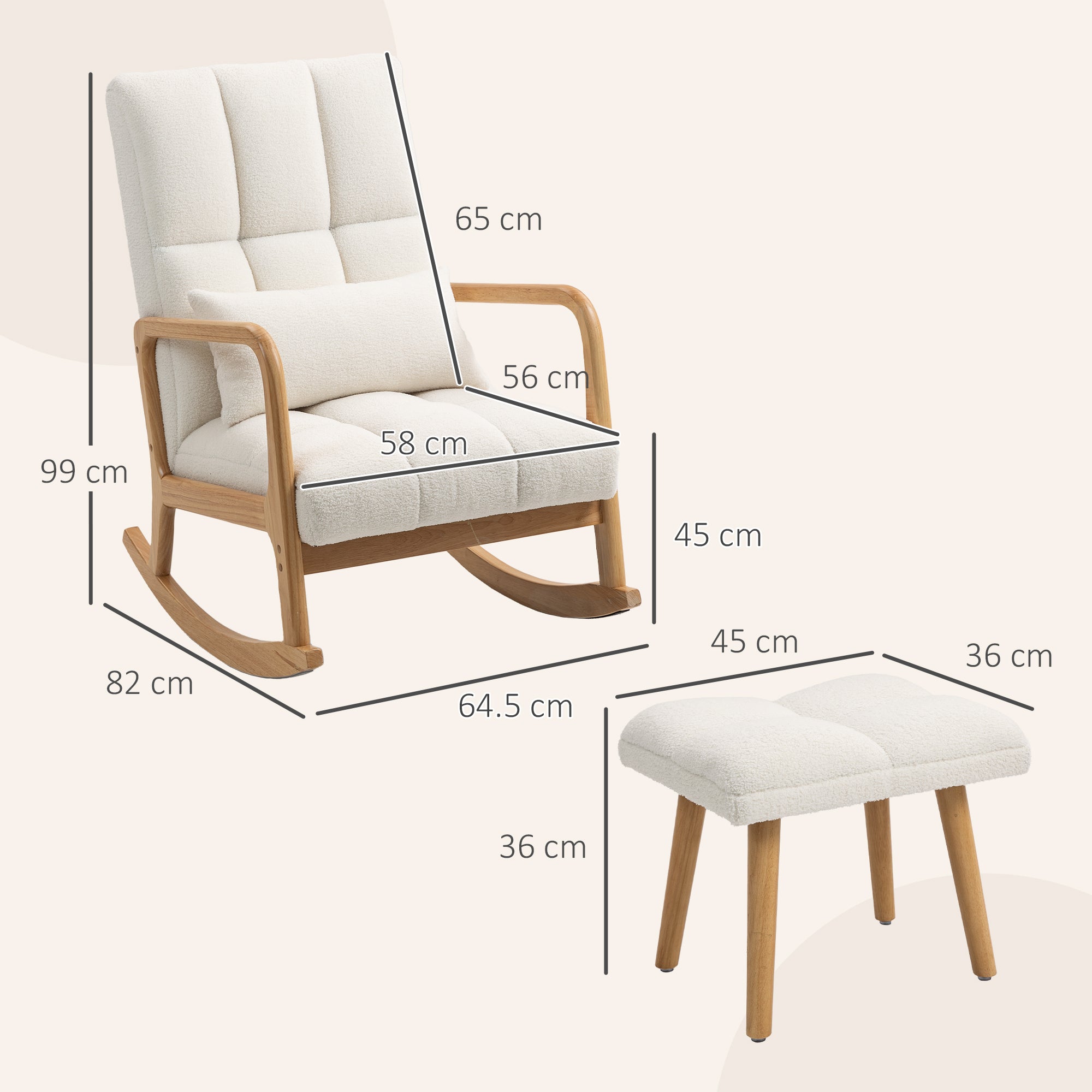 HOMCOM Schaukelstuhl mit Fußhocker, Fleece-Bezug, Hohe Rückenlehne, Holzbeine, Fußpads, Weiß