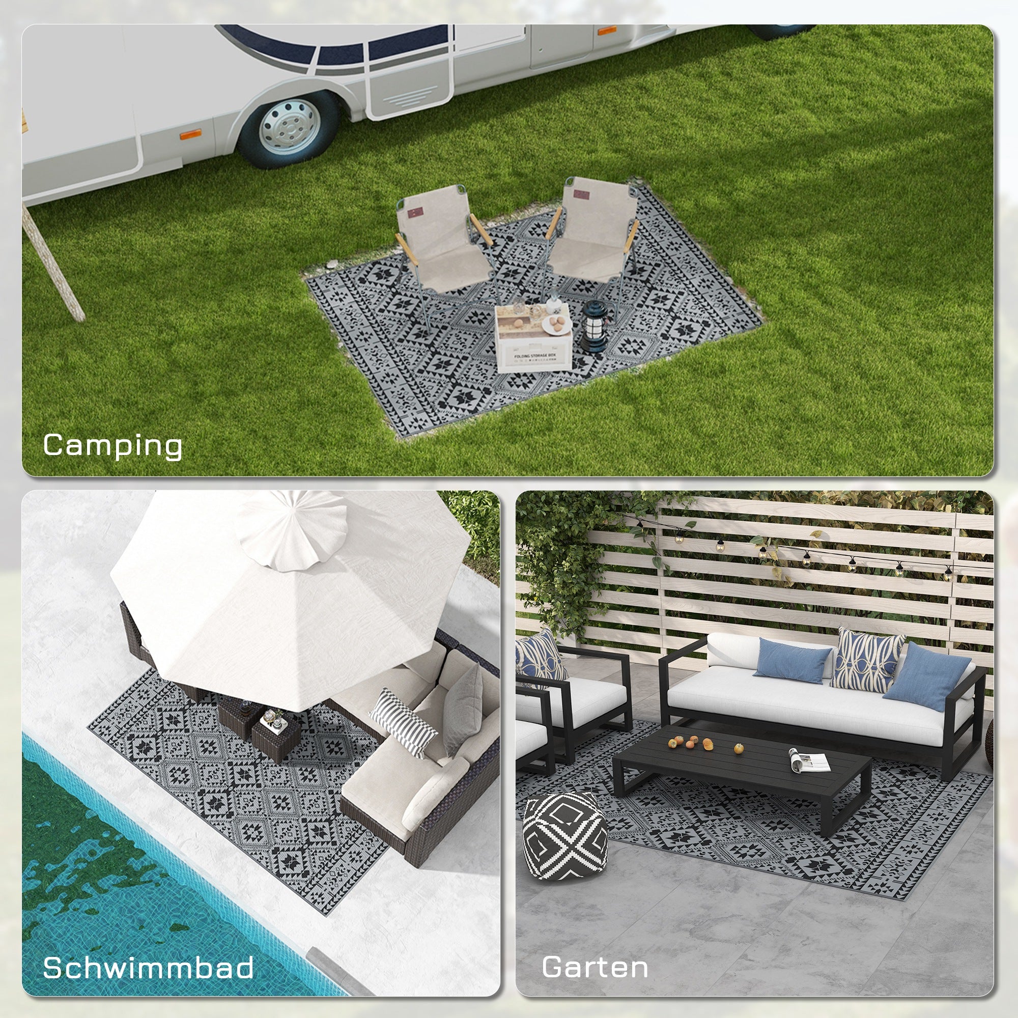 Outsunny Outdoor Wendeteppich, wasserfest, geometrisch, 182x274cm, Schwarz/Grau