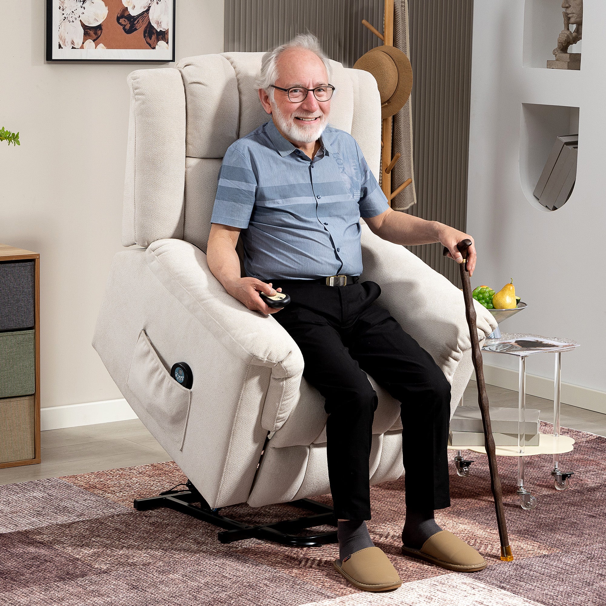 HOMCOM Powerlift-Sessel, Massagesessel mit Wärmefunktion, Polstersessel mit Fußstütze, Seitentasche, Stoffbezug, Beige