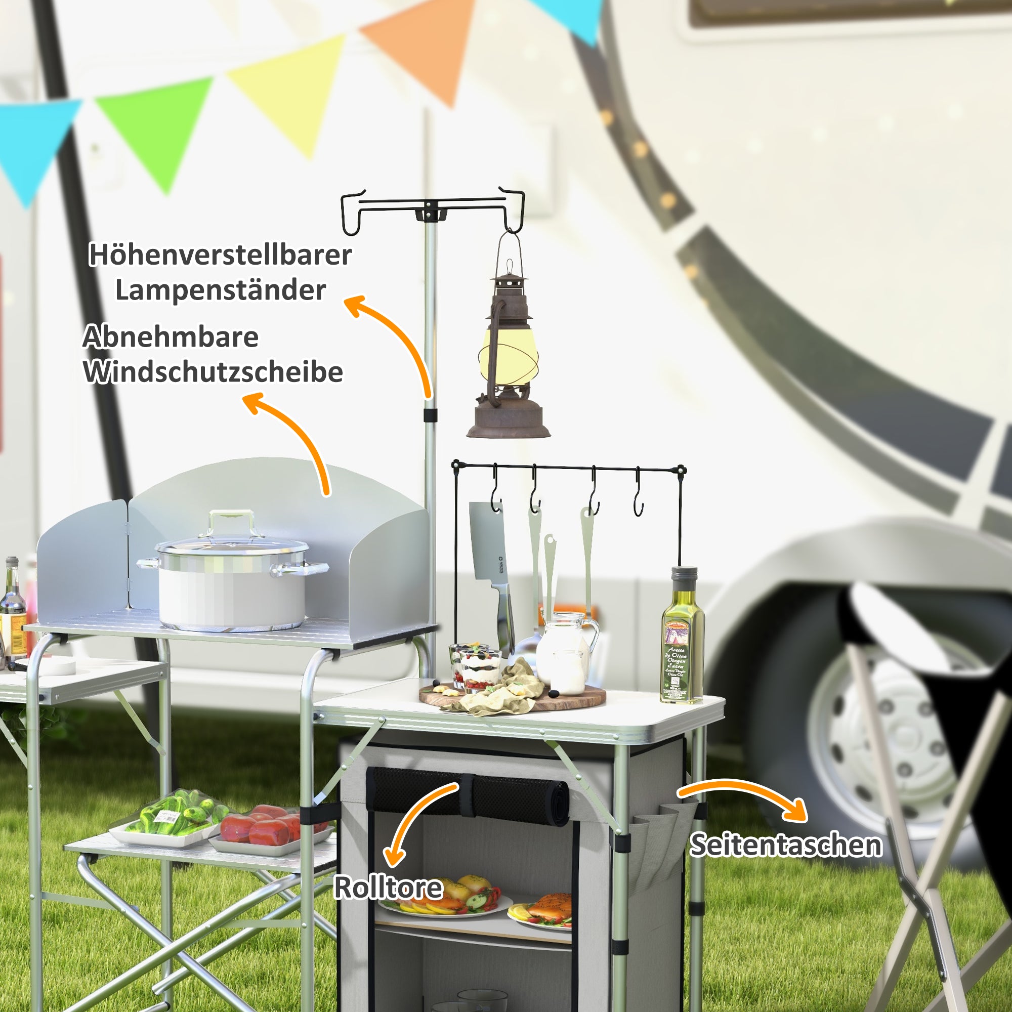 Outsunny Campingküche, faltbar, 3 Arbeitsplatten, Windschutz, Stoffschrank, 144x48x119cm, Silber