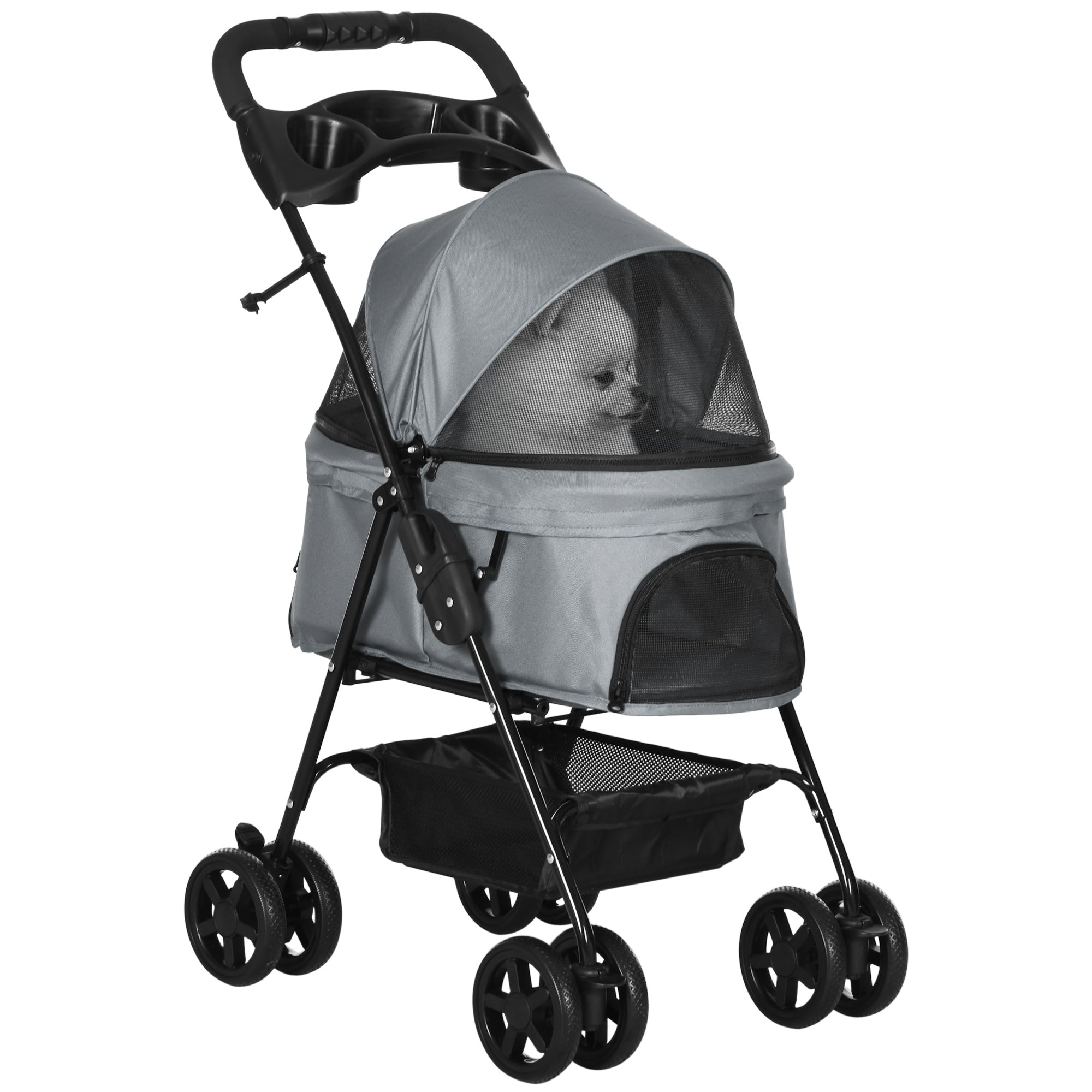 PawHut Hundebuggy Hundewagen bis 4 kg Klappbar Netzfenster Bodenkorb Becherhalter abnehmbares Dach grau 67 x 45 x 96 cm