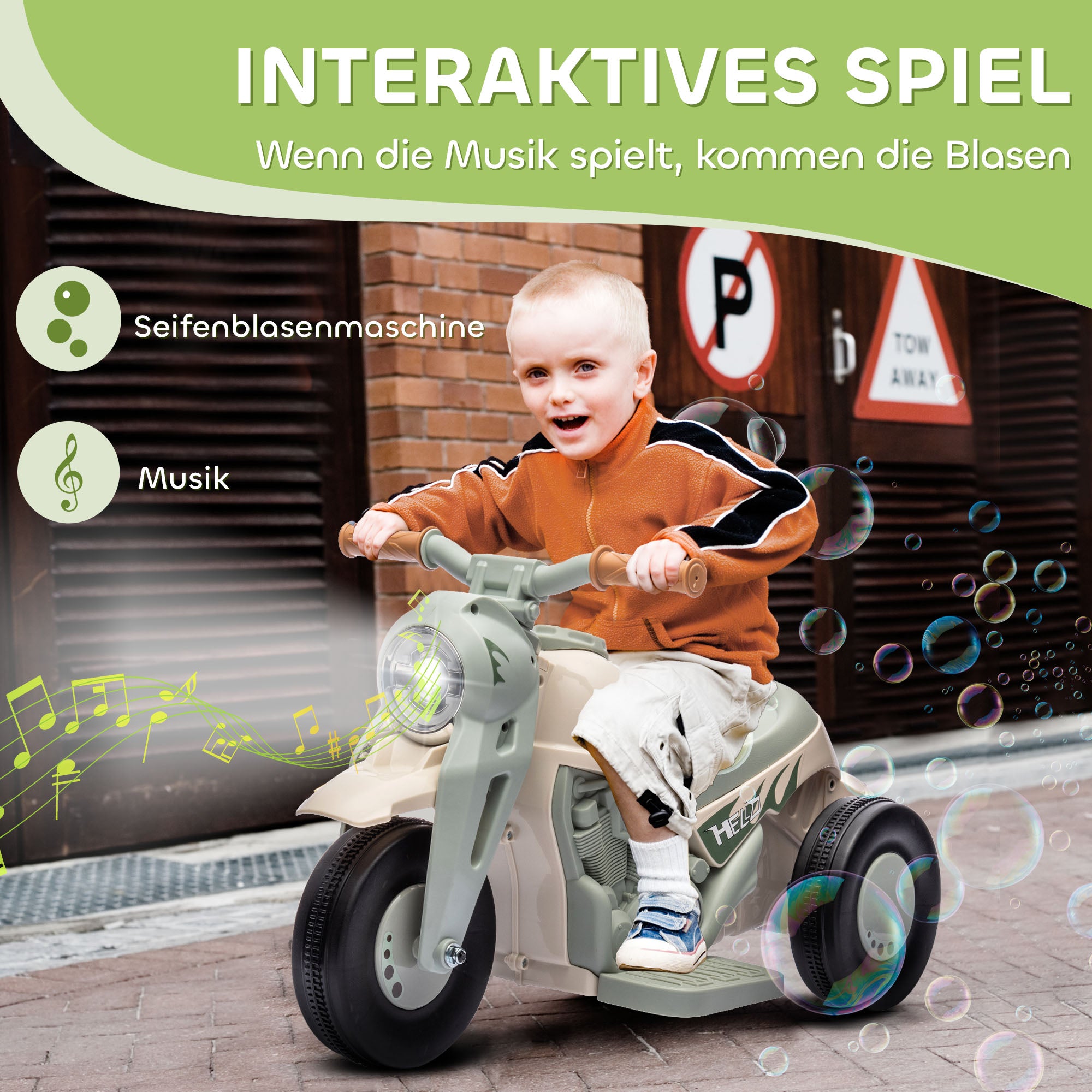 AIYAPLAY Kinder Elektro-Motorrad, 6V Kindermotorrad mit Musik, Blasen 2,5-3 km/h, für 2-5 Jahre Kinder