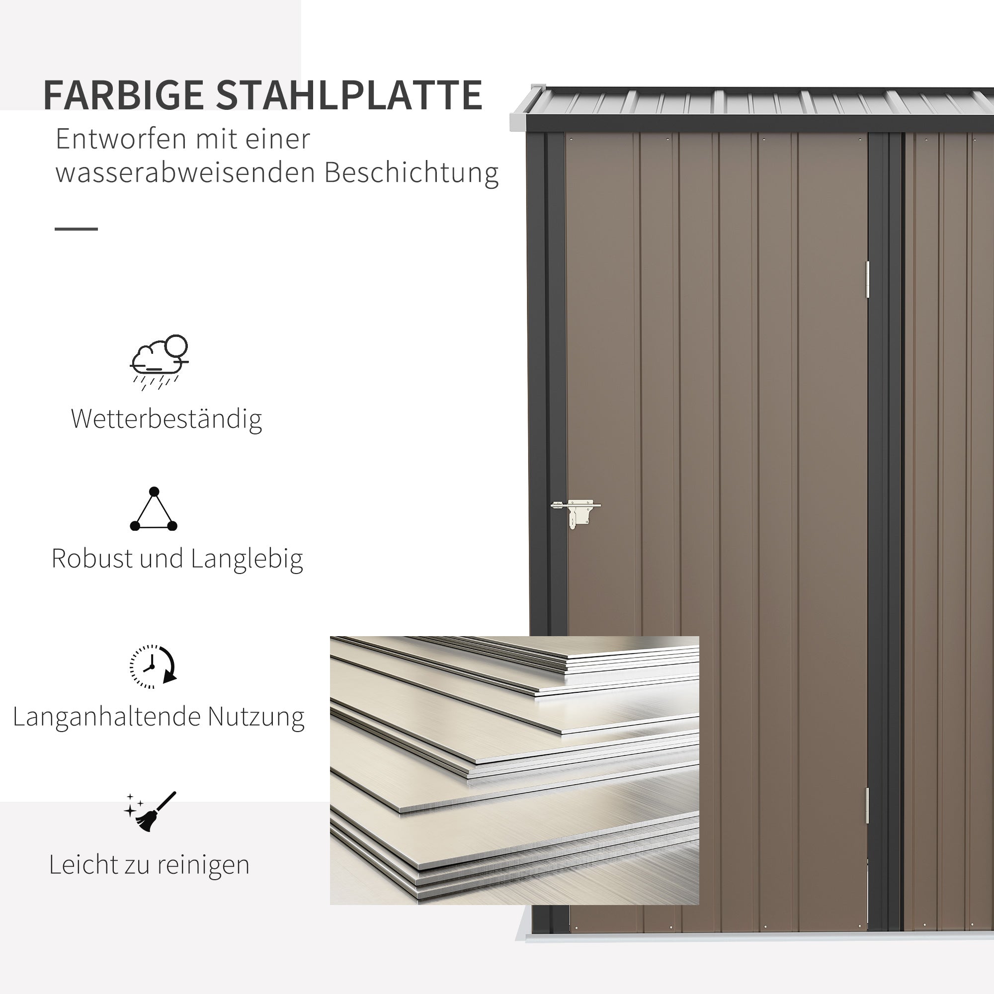 Outsunny Gerätehaus 1,34 m² Geräteschrank mit Pultdach abschließbar Gartenhaus Geräteschuppen aus verzinkter Stahl 161,5 x 94,5 x 196 cm Braun