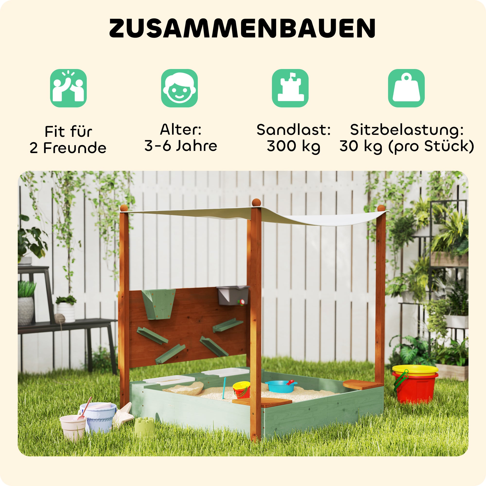 AIYAPLAY Sandkasten mit Sonnendach für Kinder, 2 Aufbewahrungsbehälter, 116L x 112,5B x 128H cm, Tannenholz, Kunststoff, Grün