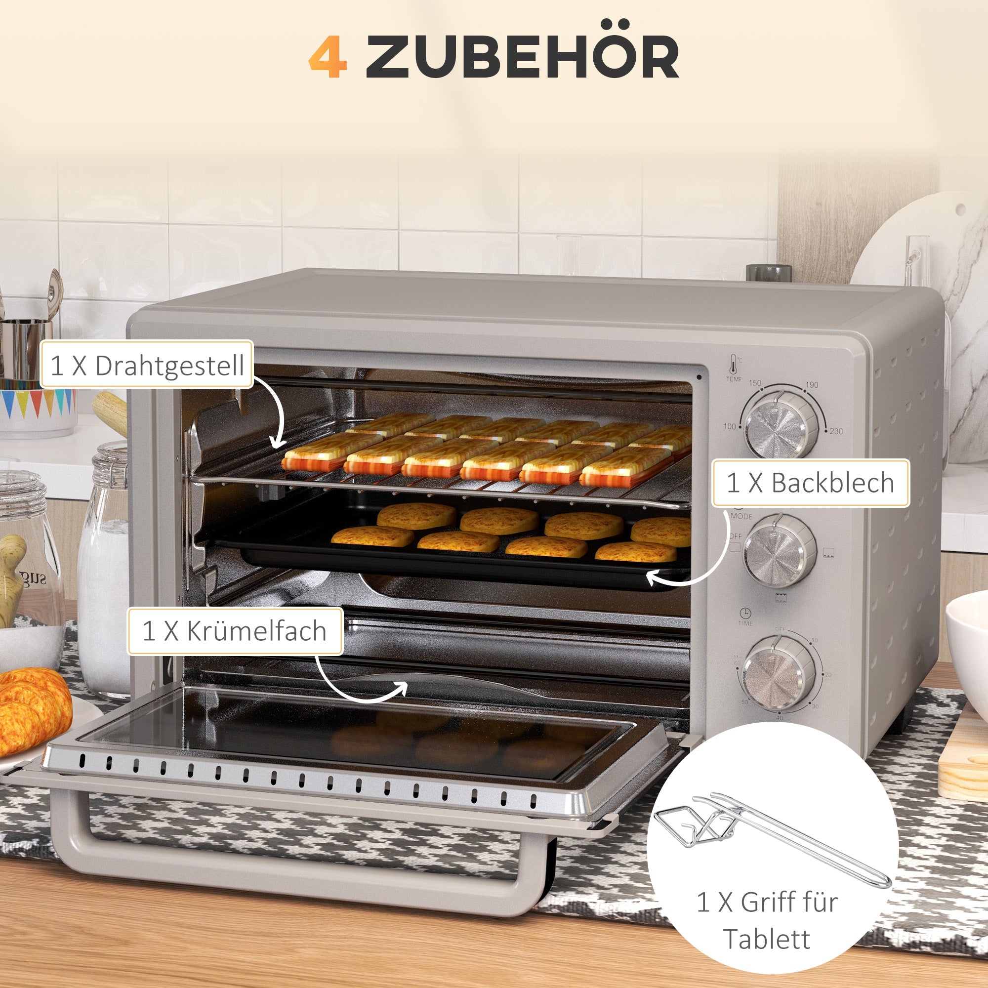 HOMCOM Minibackofen, 21 L Toasterofen mit 1 Drahtgestell und 1 Backblech, 3 Kochmodi, 100 °C-230 °C, Edelstahl, Glas, Silber