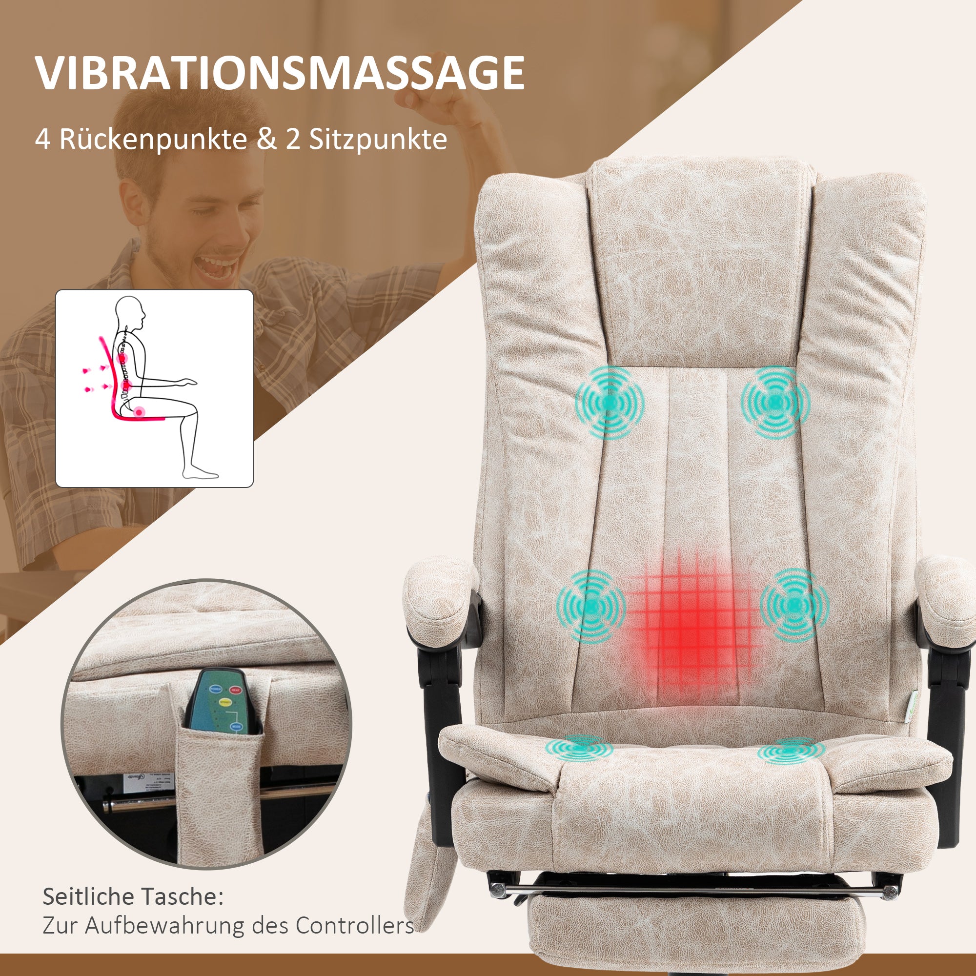 Vinsetto Bürostuhl mit Massagefunktion, Ergonomischer Schreibtischstuhl mit Liegefunktion, Heizfunktion, Seitentasche, Cremeweiß