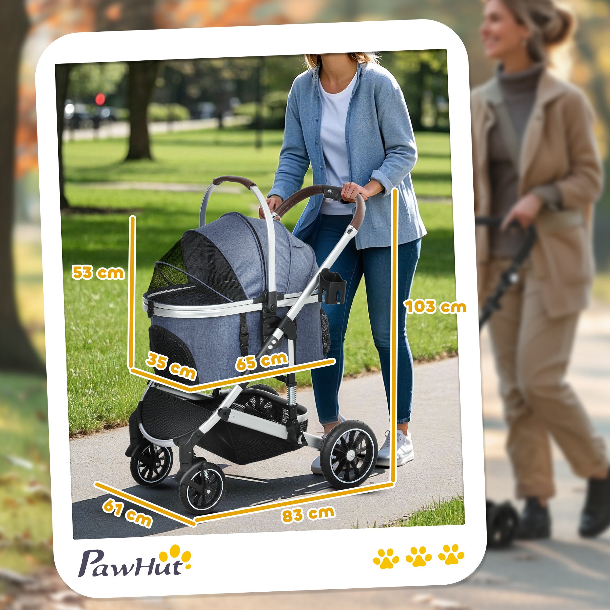 PawHut Hundewagen 3 in 1 Hundebuggy klappbar für Katzen bis 10 kg Katzenbuggy mit Kissen Becherhalter Dunkelblau
