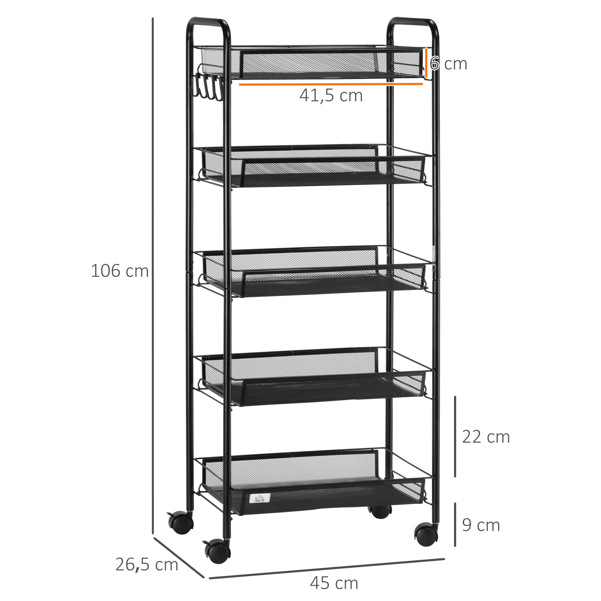 HOMCOM Küchenwagen mit 5 Drahtkörben, 4 Haken, 4 Rollen, 2 Griffe, Stahl/Kunststoff, 45x26,5x106 cm, Weiß