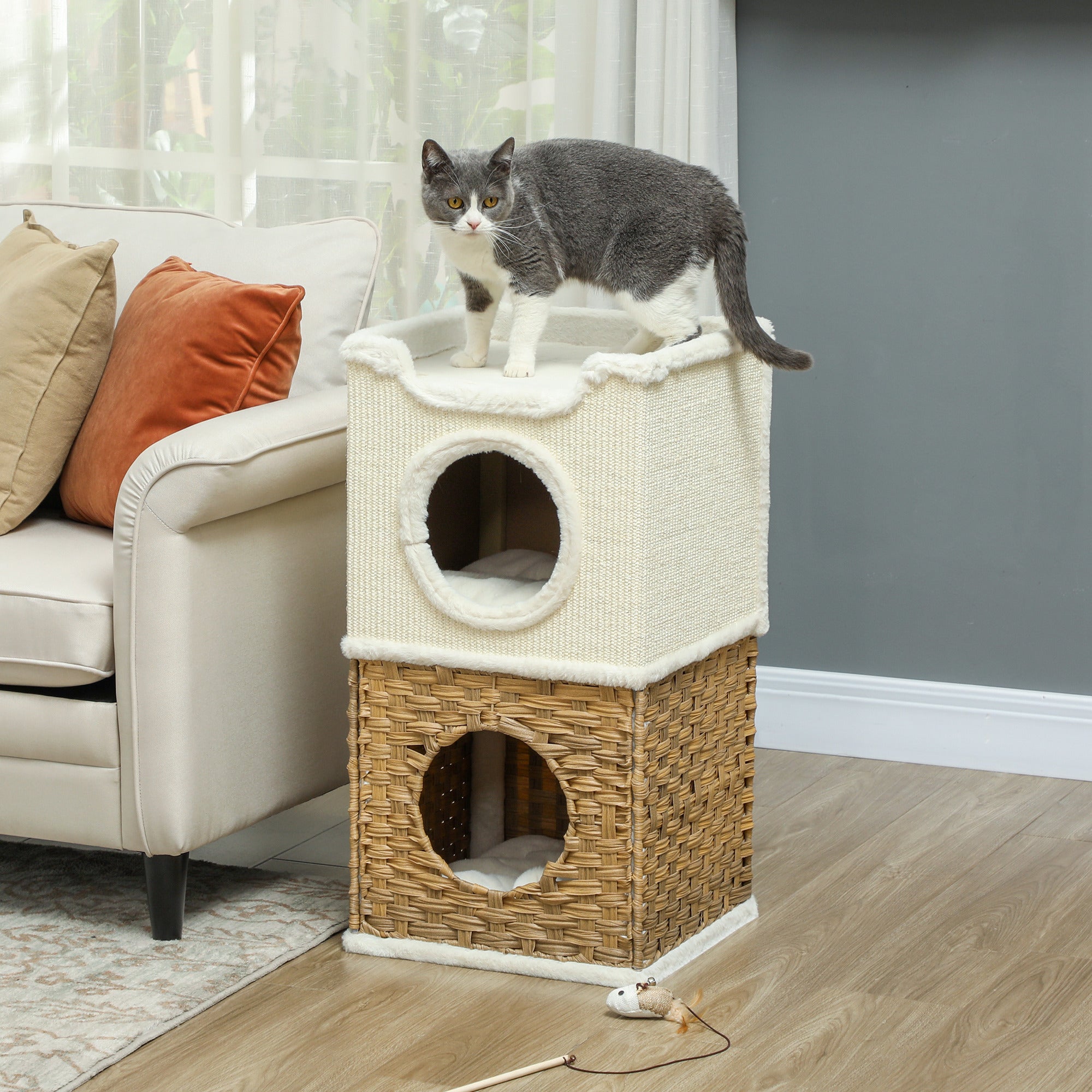 PawHut Kratztonne 75,5 cm Hoch dreistöckige mit Plüschrand, Kissen, Katzenhöhle, für mittelgroße Katzen, Cremeweiß