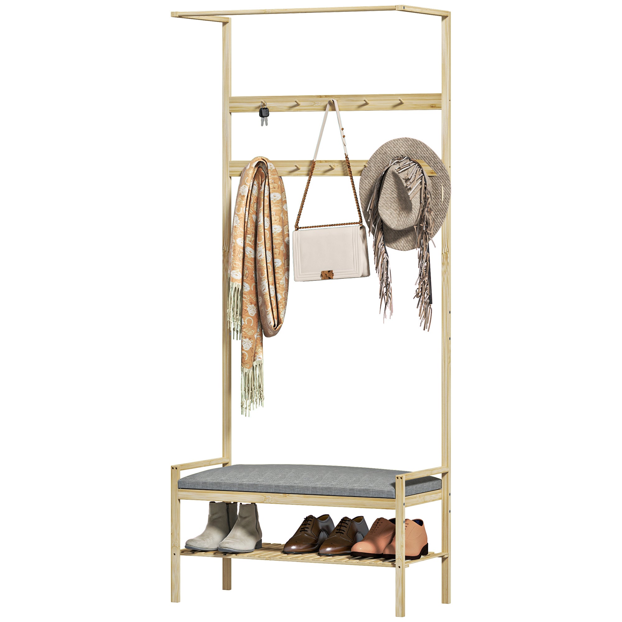 HOMCOM Garderobe mit Schuhbank, Kleiderstange, 10 Kleiderhaken, Schuhablage, Bambus