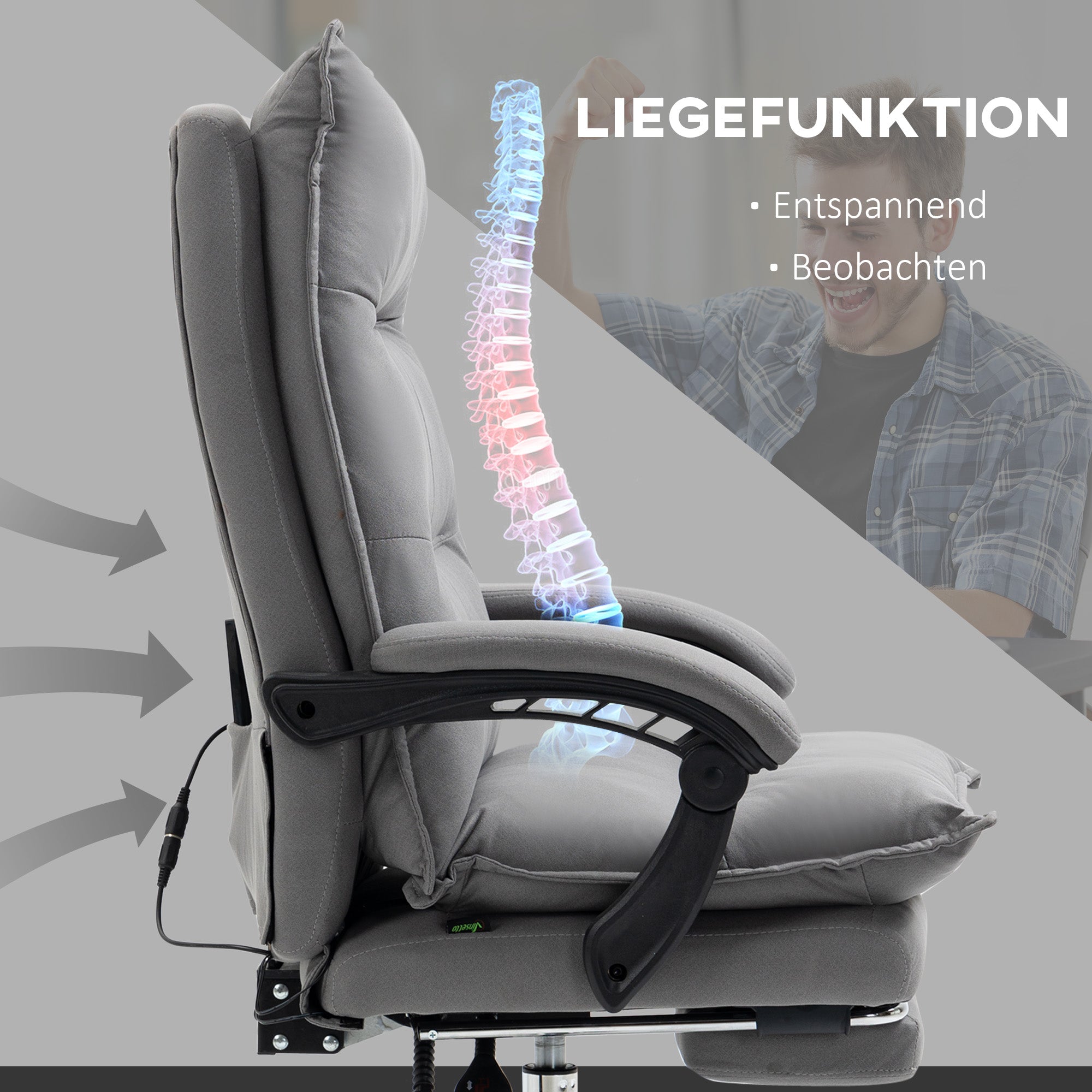 Vinsetto Bürostuhl mit Massagefunktion, Heizfunktion, Fernbedienung, ausfahrbare Fußstütze, neigbar, grau