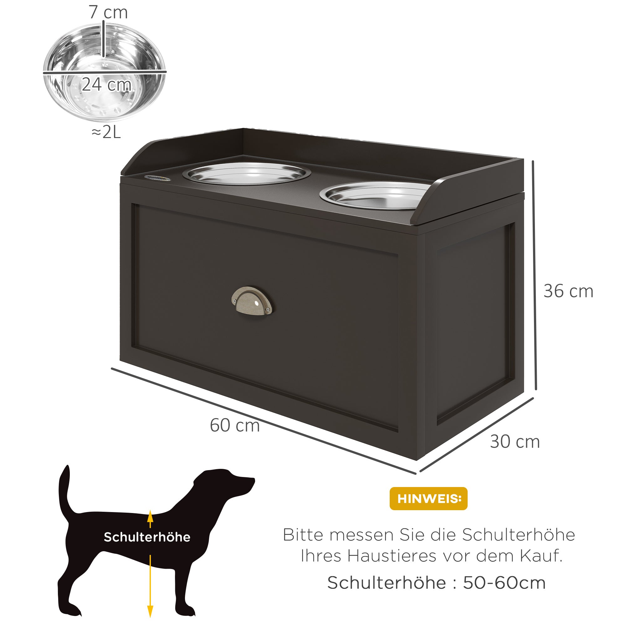 PawHut Futterstation Erhöhte Fressnäpfe 2 Fressnäpfe, 2 Edelstahlschalen, 1 Stauraum, 60 x 30 x36 cm, Braun