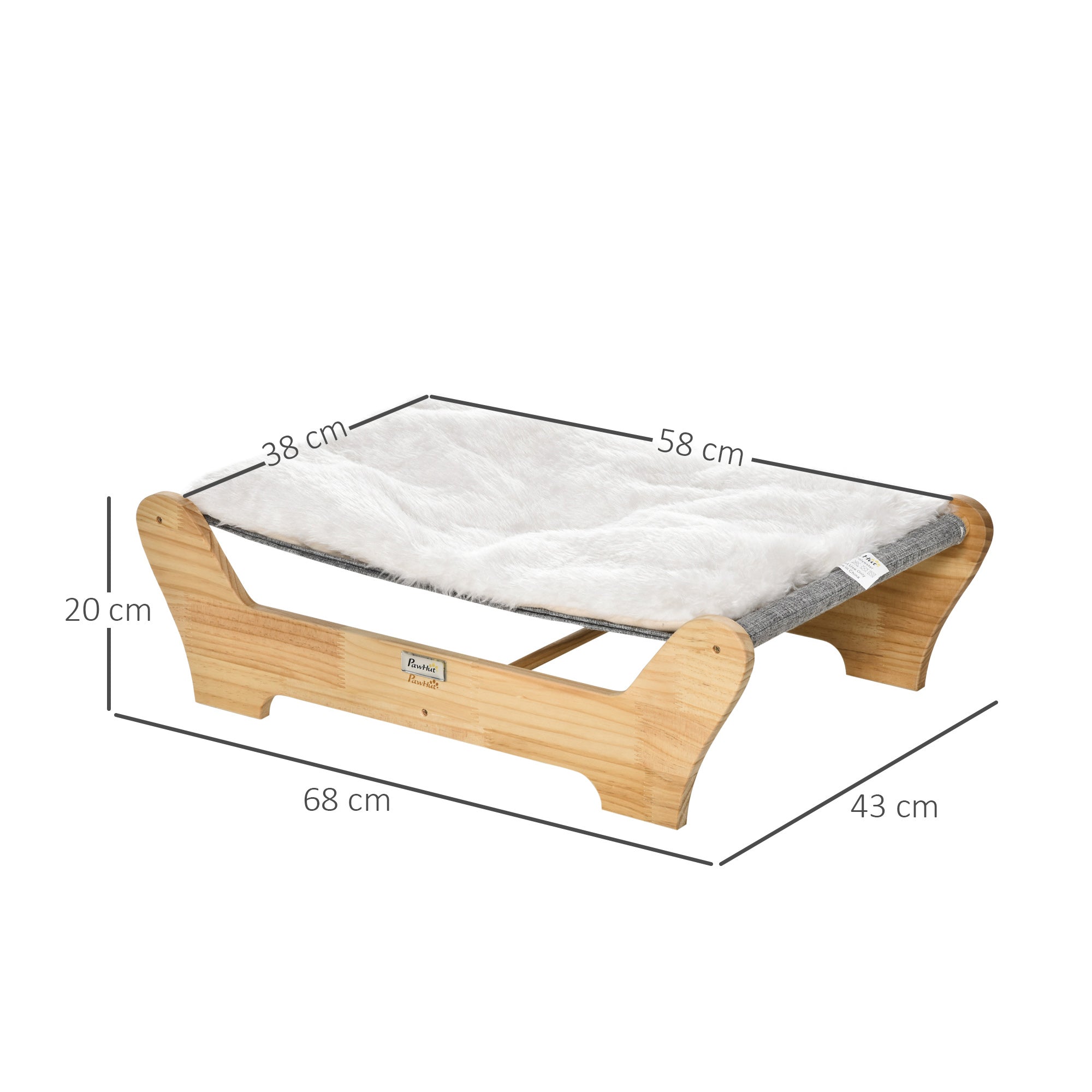 PawHut Katzenbett mit Gestell Hängematte für Katzen erhöhtes Katzennest mit weichem Kissen Kiefernholz Natur 68 x 43 x 20 cm