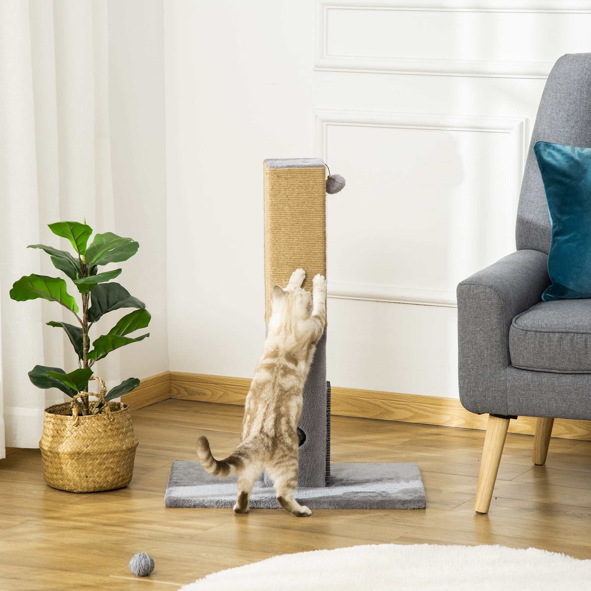 PawHut Kratzbaum für Katzen, Kratzsäule, 79 cm Katzenbaum mit Juteseil, inklusive Spielzeug, Plüsch, Grau