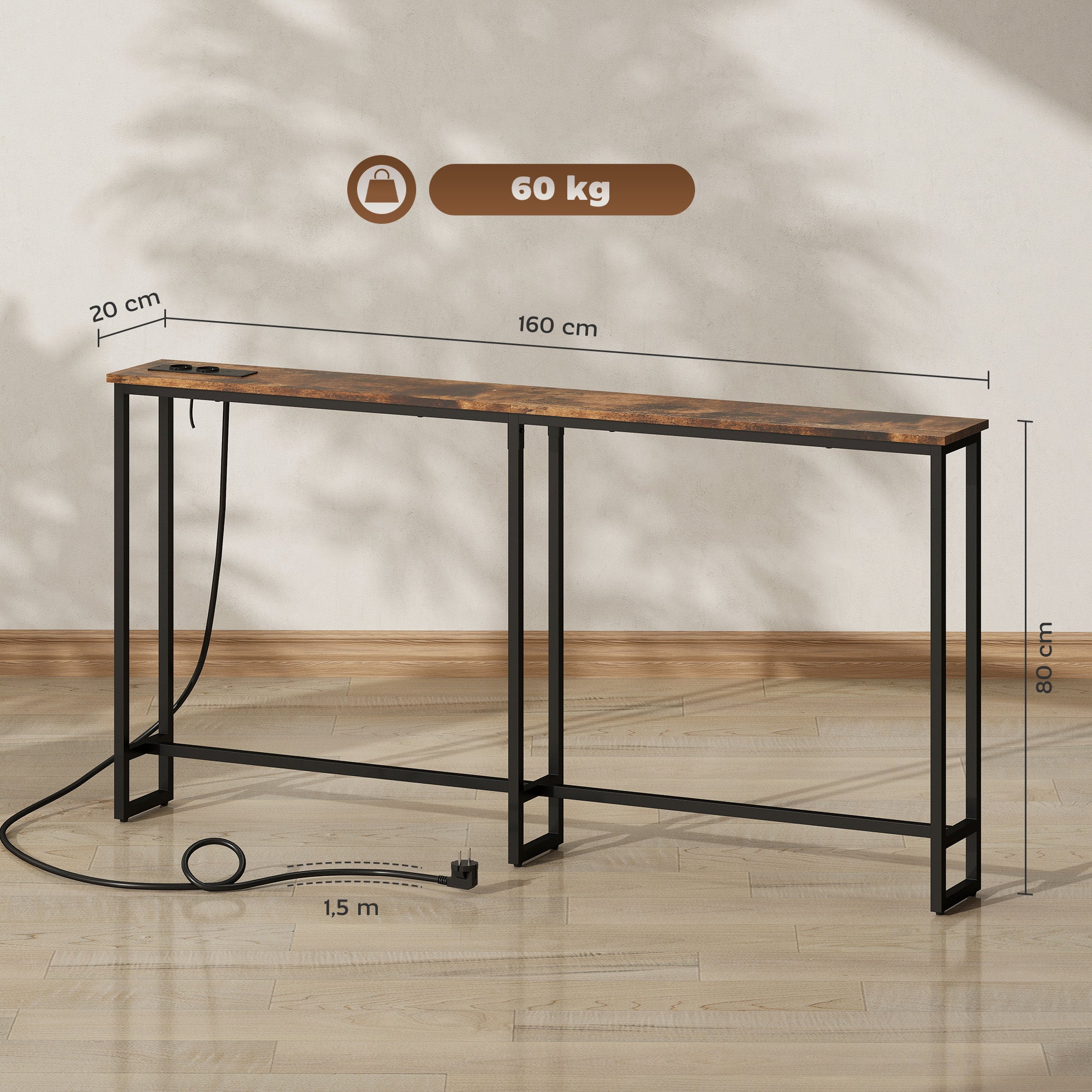 HOMCOM Schlanker Konsolentisch mit Ladestation, Industriestil, Stahlrahmen, Braun