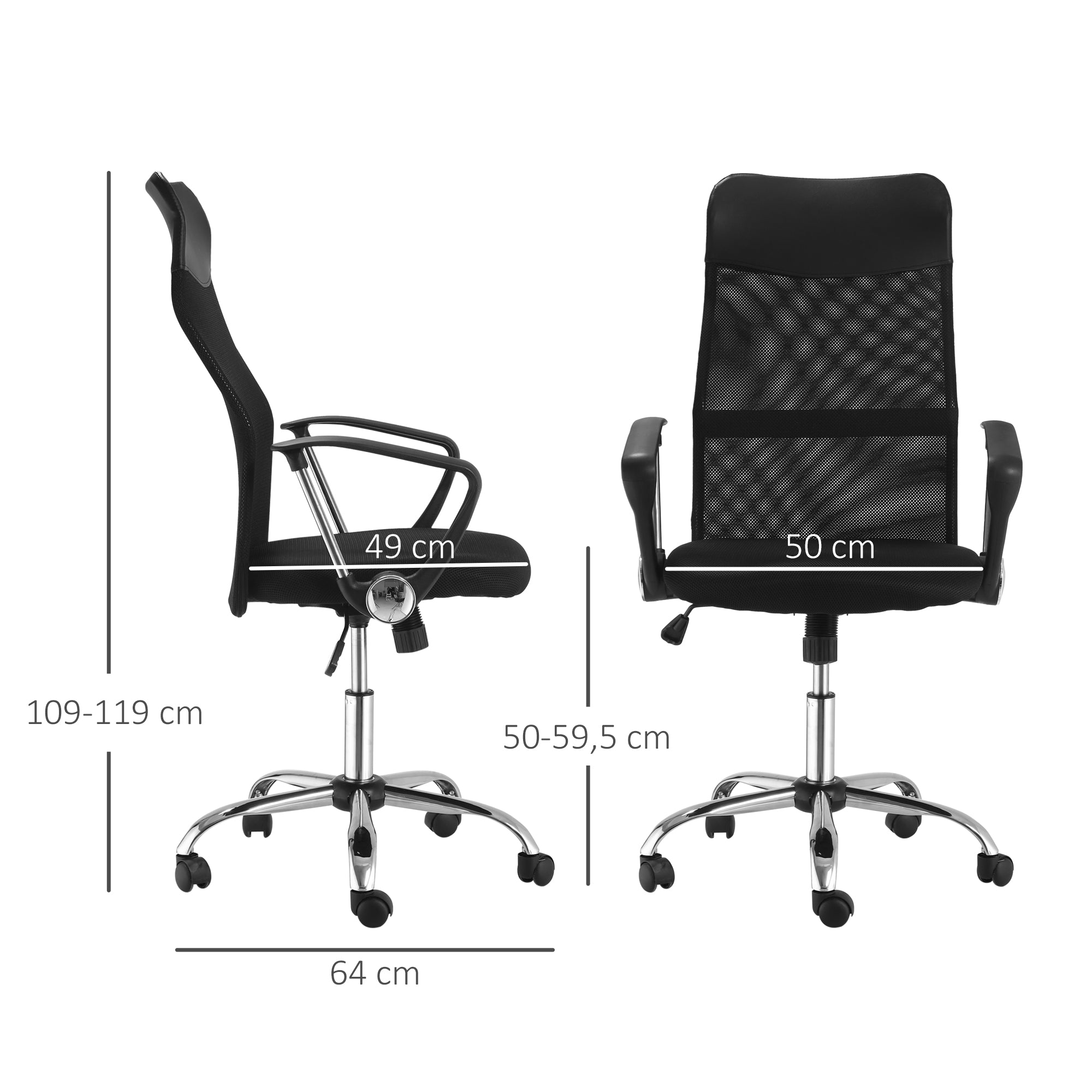 HOMCOM Ergonomischer Bürostuhl, Gaming Stuhl, Drehstuhl mit Wippenfunktion, höhenverstellbarer Schreibtischstuhl, Schaumstoff, Netz, Schwarz,  63 x 65 x 109-119 cm