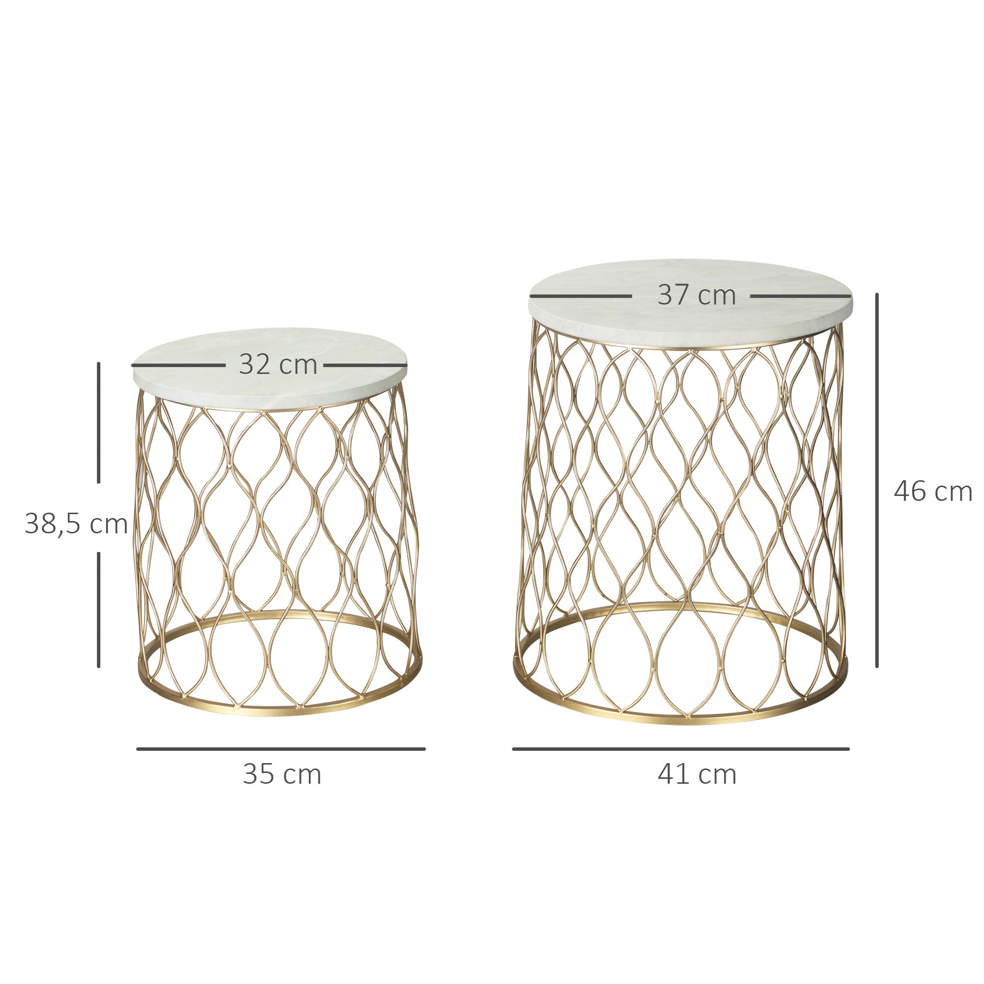 Outsunny 2er-Set Gartentisch Beistelltische Couchtische Retro Drahtkorb Metallkorb Garten Satztisch Gartenmöbel Outdoor Balkon Stahl Gold + Weiß Ø41 x 46 cm