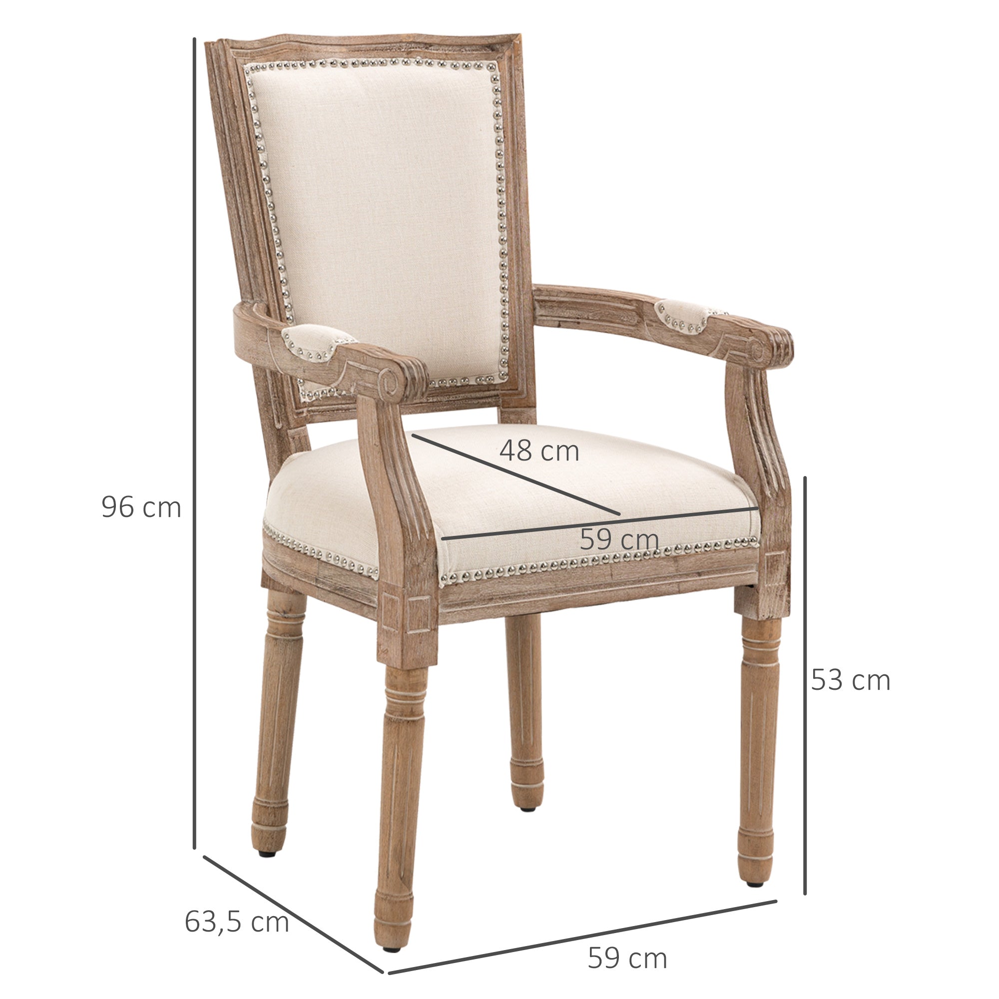 HOMCOM Esszimmerstuhl, Küchenstuhl, Nietendekor, französischer Landhausstil, Kautschukholz, Cremeweiß, 59 x 63,5 x 96cm