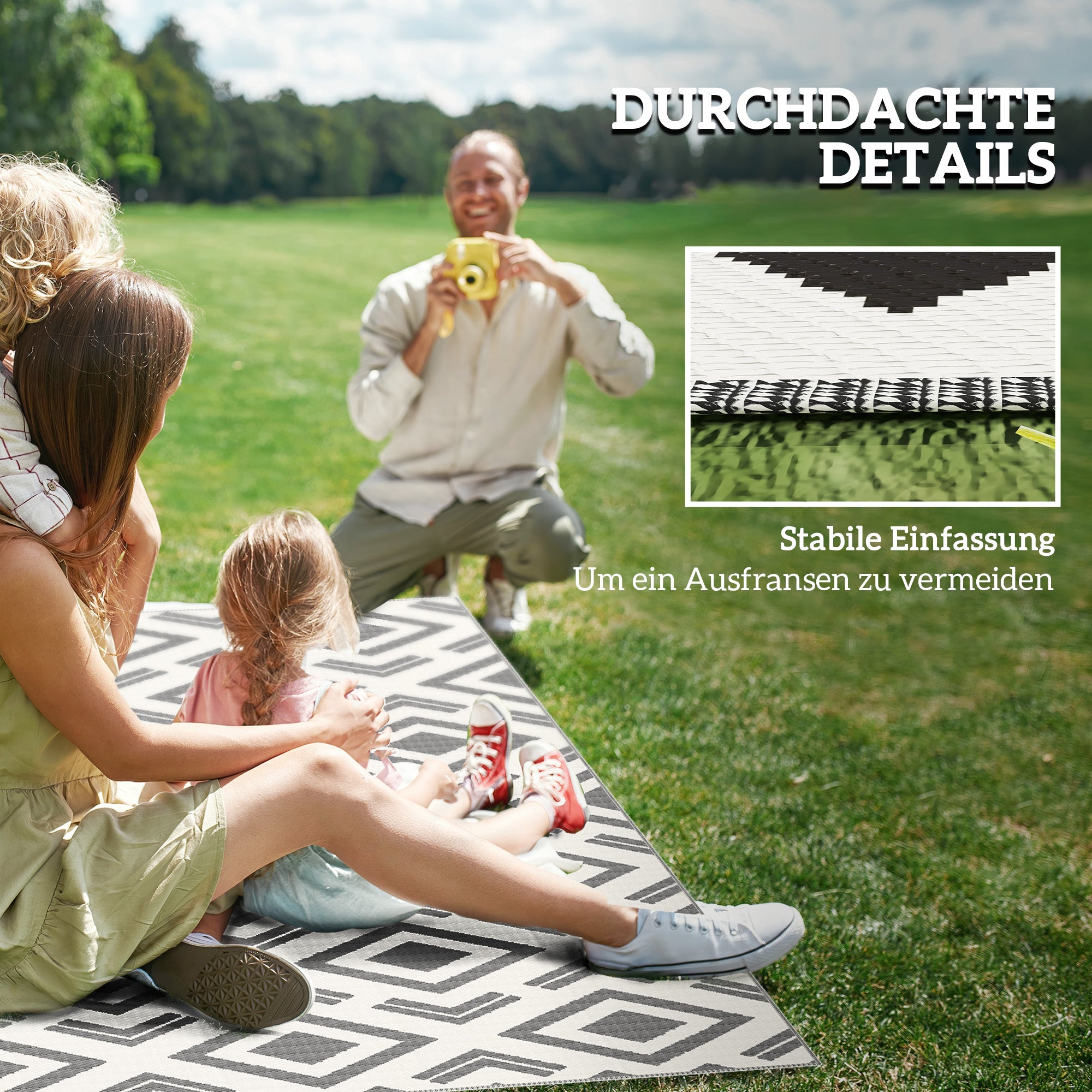 Outsunny Outdoor Teppich robuster Wetterfest Outdoorteppich mit Tragtasche, faltbar Carpet Boho-Style 182 x 274 cm Schwarz+Weiß
