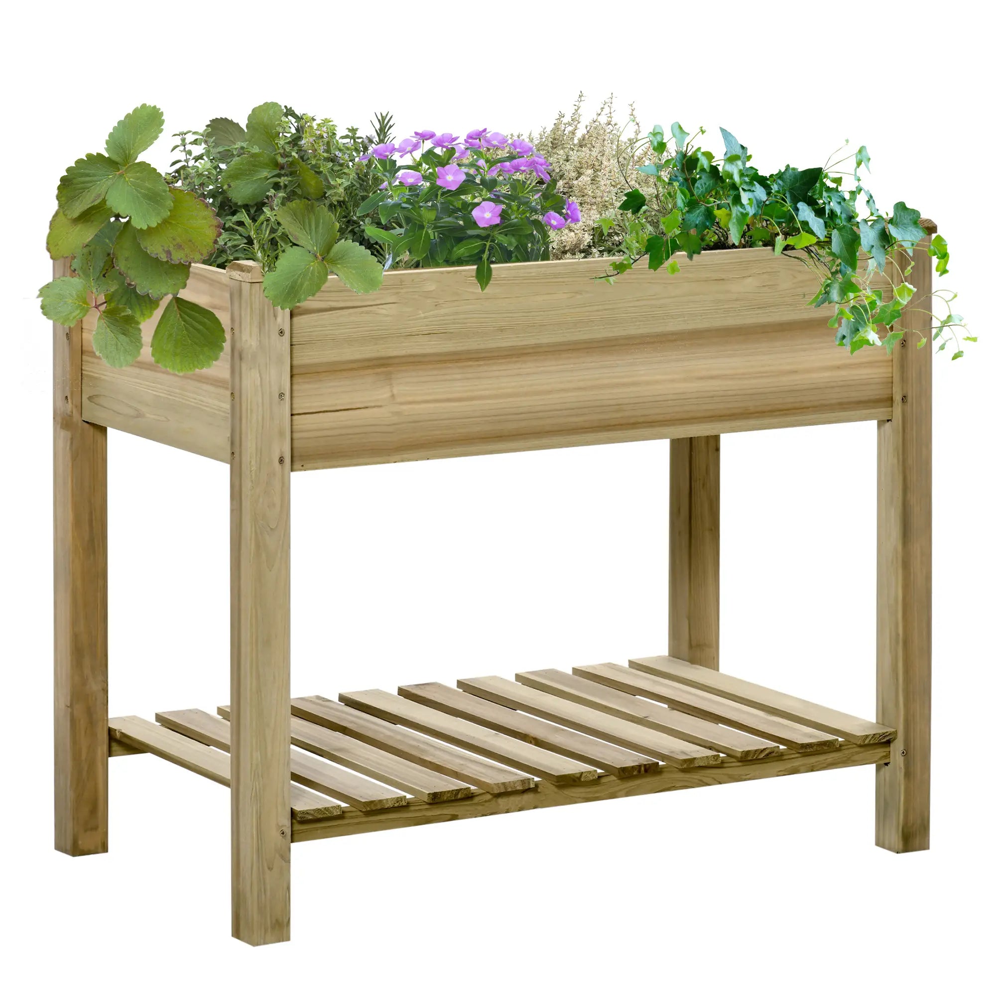 Outsunny Hochbeet, Erhöhter Pflanzkübel aus Holz mit unterem Regal, robuste Konstruktion, Ablauflöcher, 91L x 51B x 76H cm, Grün