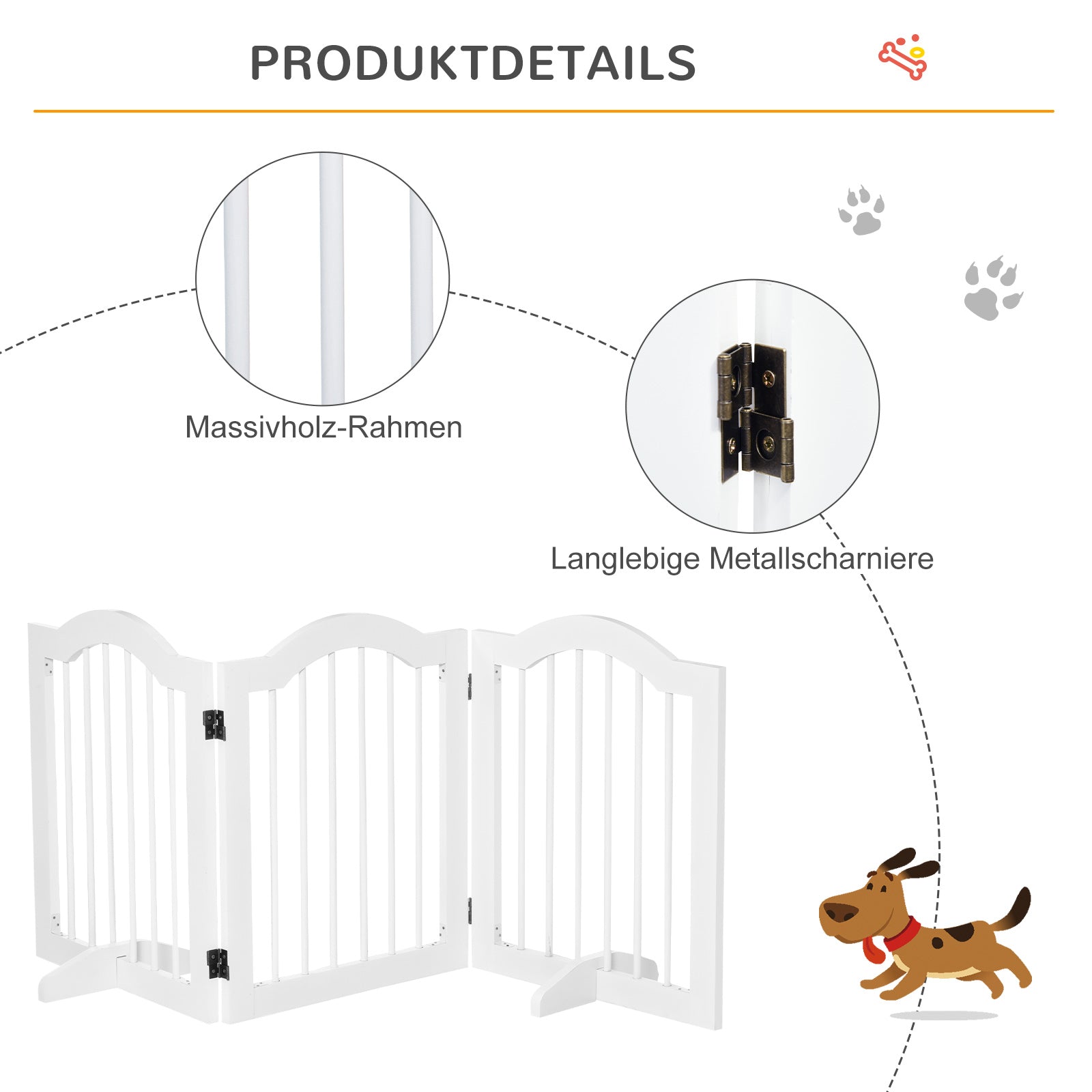 PawHut Absperrgitter Hund 3-teilig, 154,5 x 61 cm Faltbar Hundegitter mit Tür, Türschutzgitter mit 2 Stützfüßen, Freistehend Treppengitter für Küche, Flur, Weiß