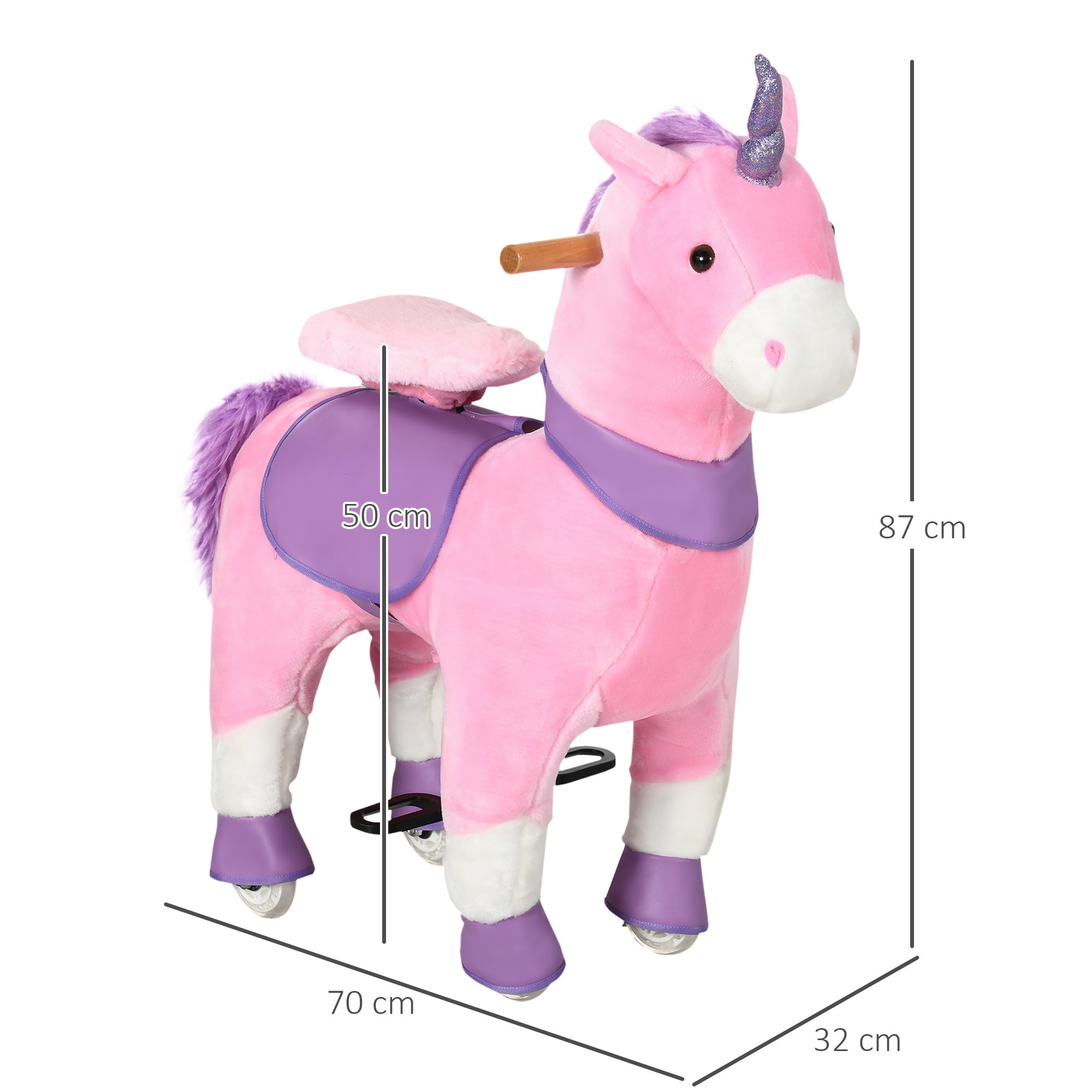 HOMCOM Schaukelpferd Einhorn, 4 Rollen, 2 Pedale, gepolsterter Sattel, 70 cm x 32 cm x 87 cm; Pink + Lila + Weiß