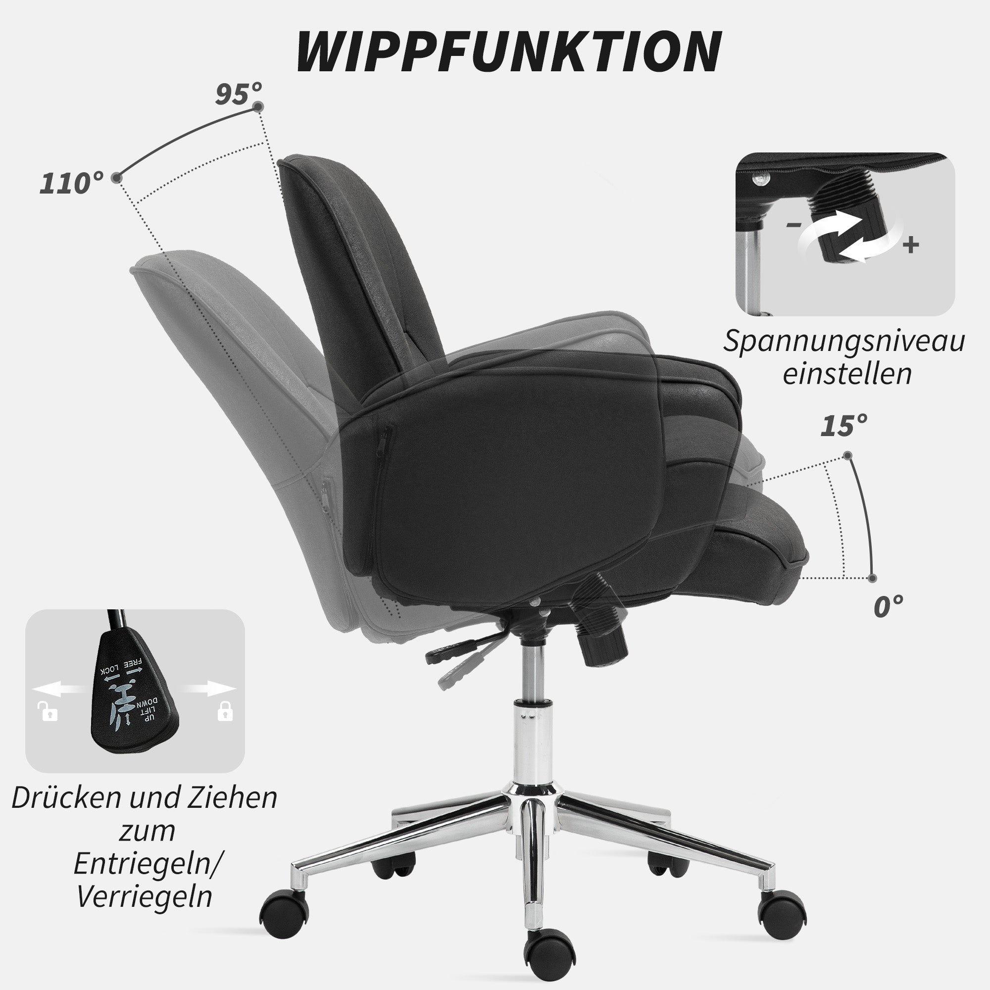 Vinsetto Bürostuhl, höhenverstellbar, atmungsaktiver Bezug, Wippfunktion, bis 120 kg, Schwarz