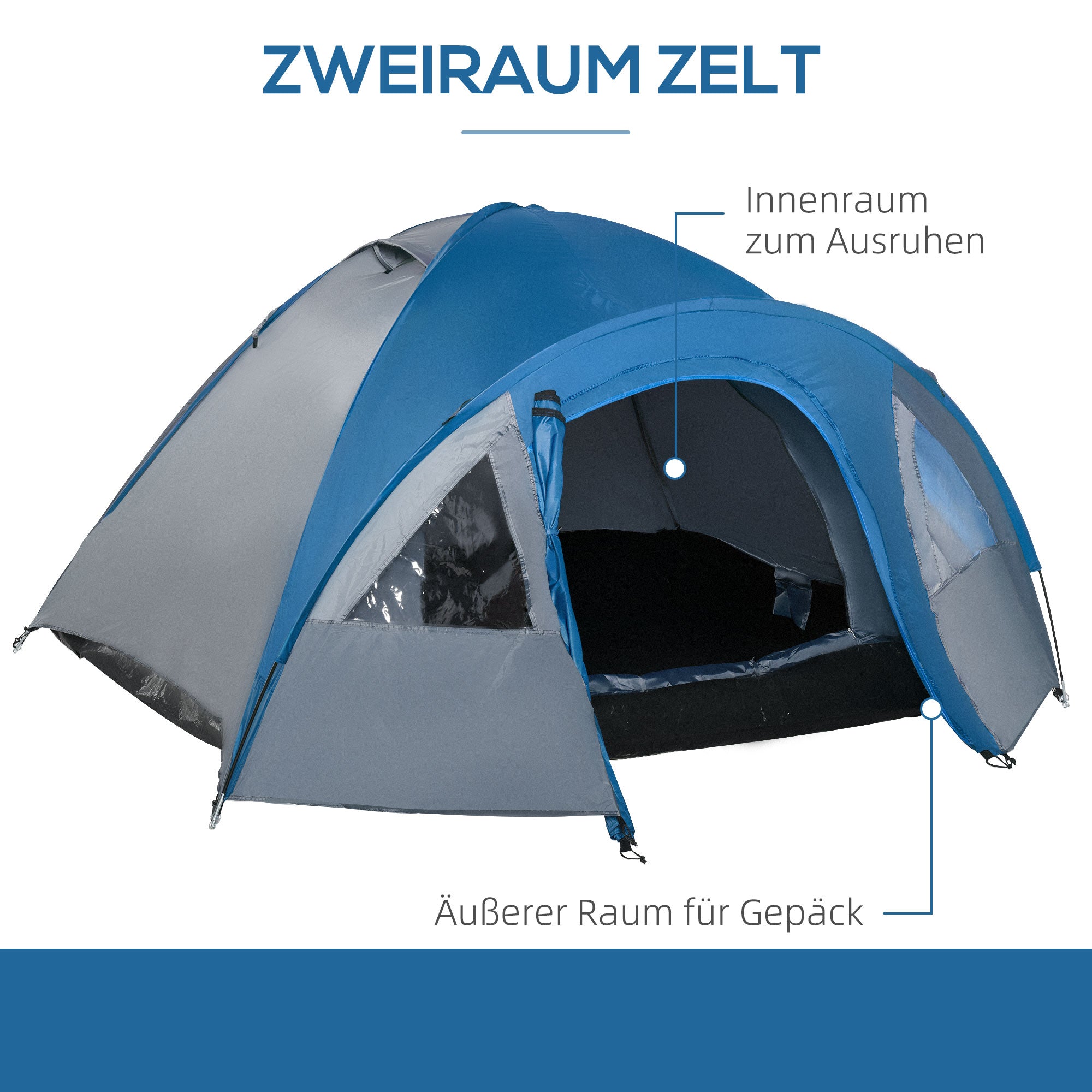 Outsunny Campingzelt für 4 Personen ganzjährig nutzbar 3,00 x 2,50 x 1,30m Blau+Grau