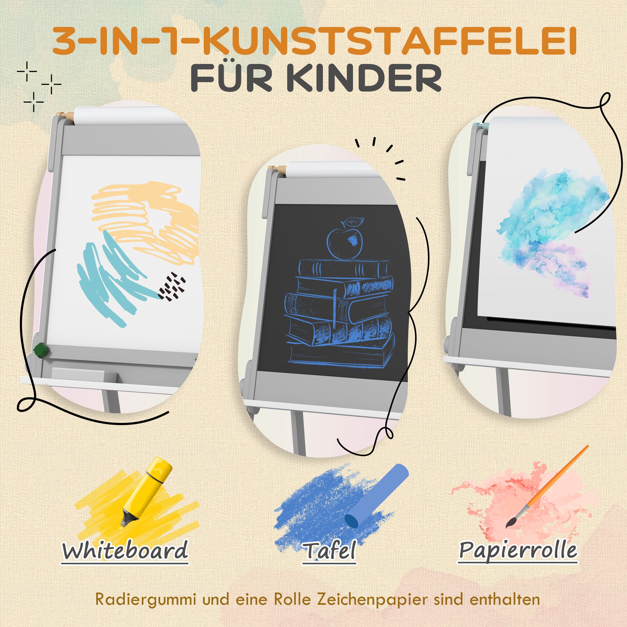 AIYAPLAY Doppelseitige Kindermalstaffelei mit Papierrolle, Kreidetafel, Whiteboard, 3-in-1-Design, zum Zeichnen und Malen